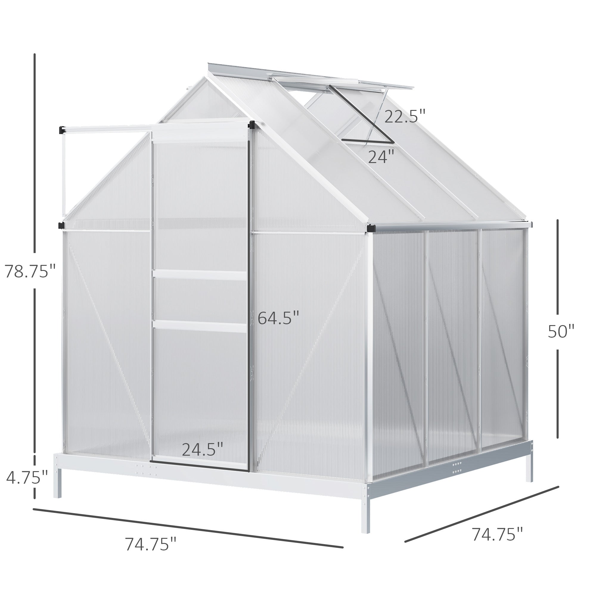 6' x 6' x 6.5' Polycarbonate Greenhouse with Aluminum Frame, Walk-in Heavy Duty Green House with Adjustable Roof Vent, Rain Gutter and Sliding Door for Winter, Silver - Silver - Image 3