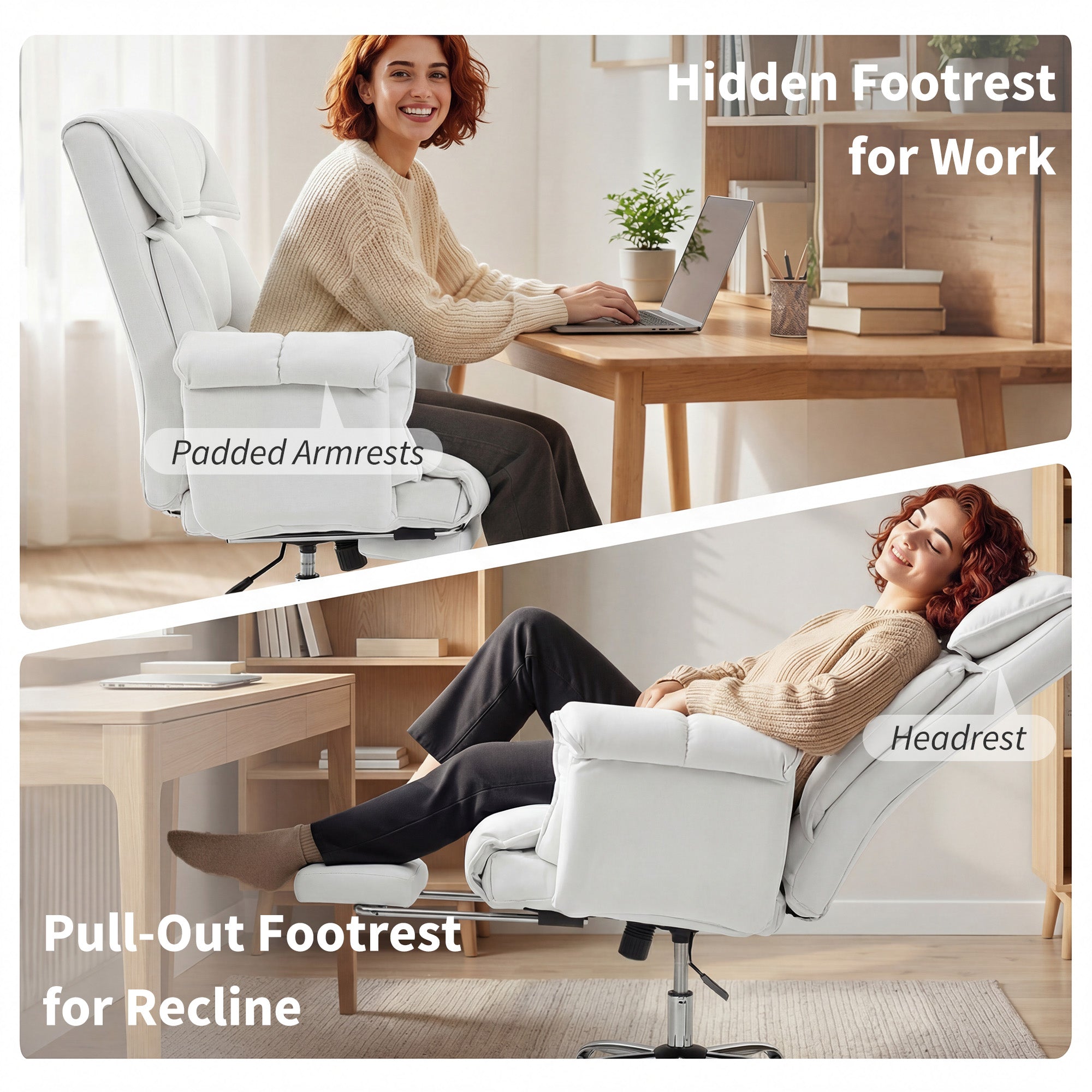 High Back Office Chair, Reclining Desk Chair with Footrest, High Resilience Foam, Rolling Wheels, Cream White