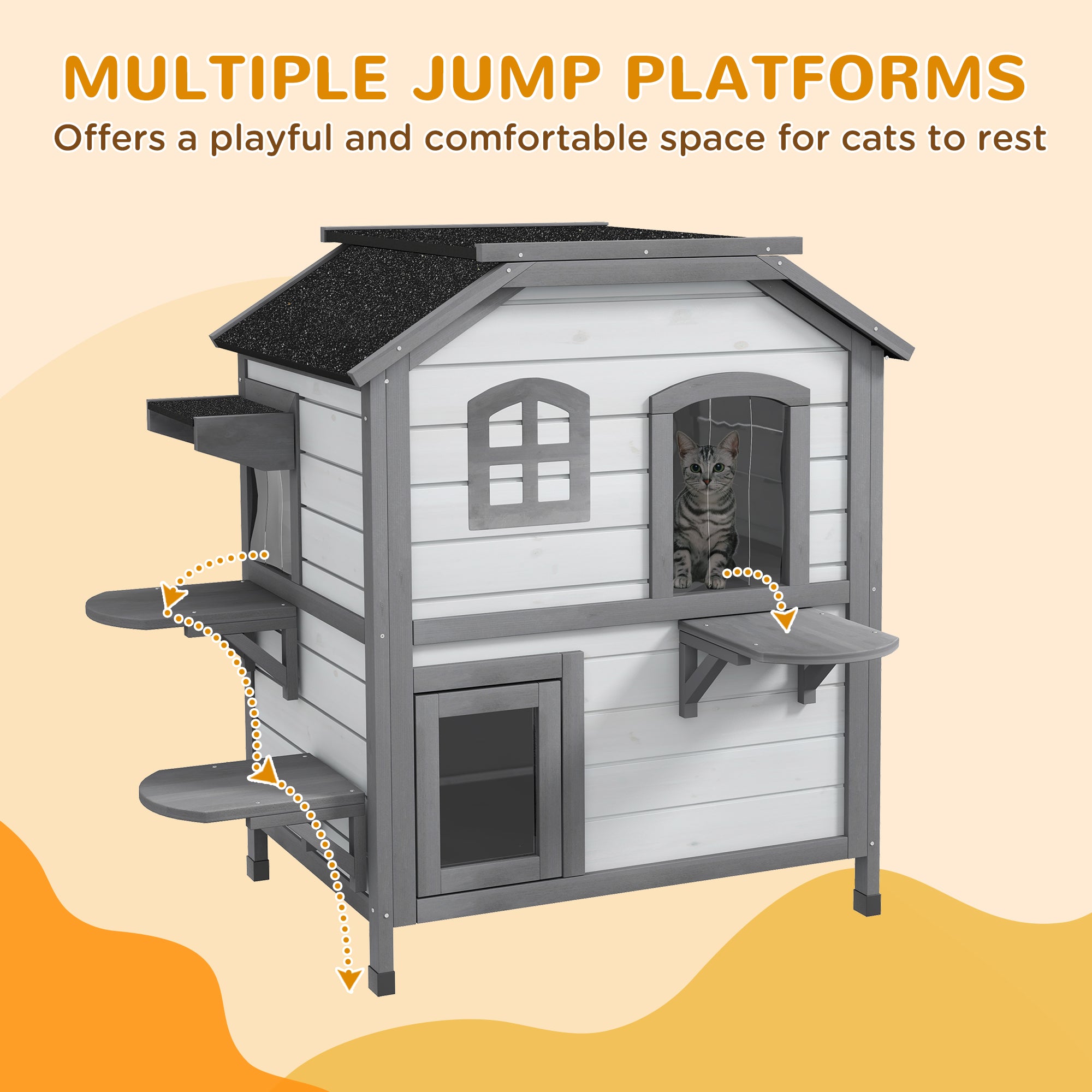 2-story Cat House Outdoor, Weatherproof Wooden Cat Enclosure for Feral Cats with Escape Door, Openable Roof, Jumping Platforms, White - White - Image 7