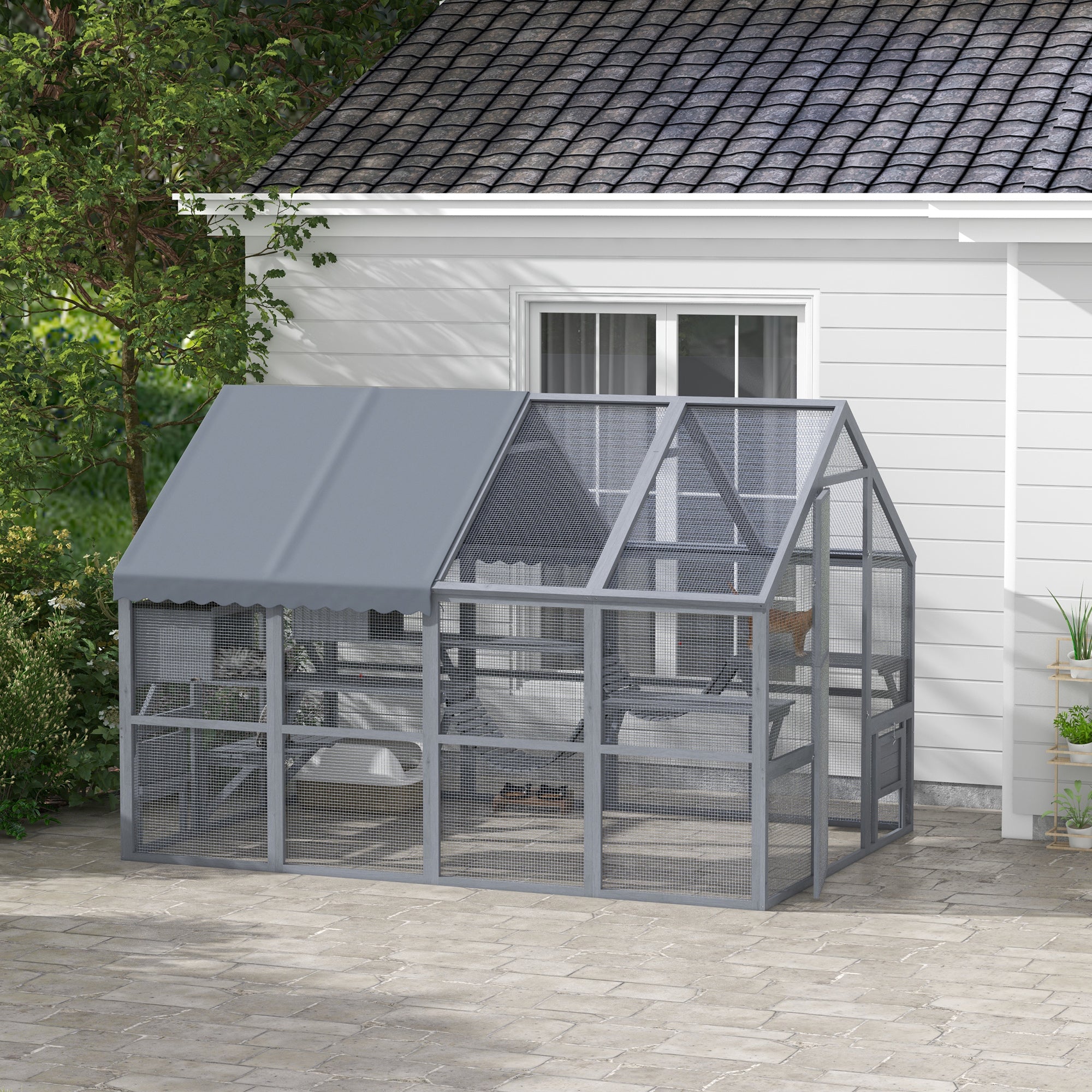 Wooden Catio Outdoor Cat Enclosure with Waterproof Cover, 2 Condos, 6 Platforms, Bridge, Doors, Gray - Gray - Image 2