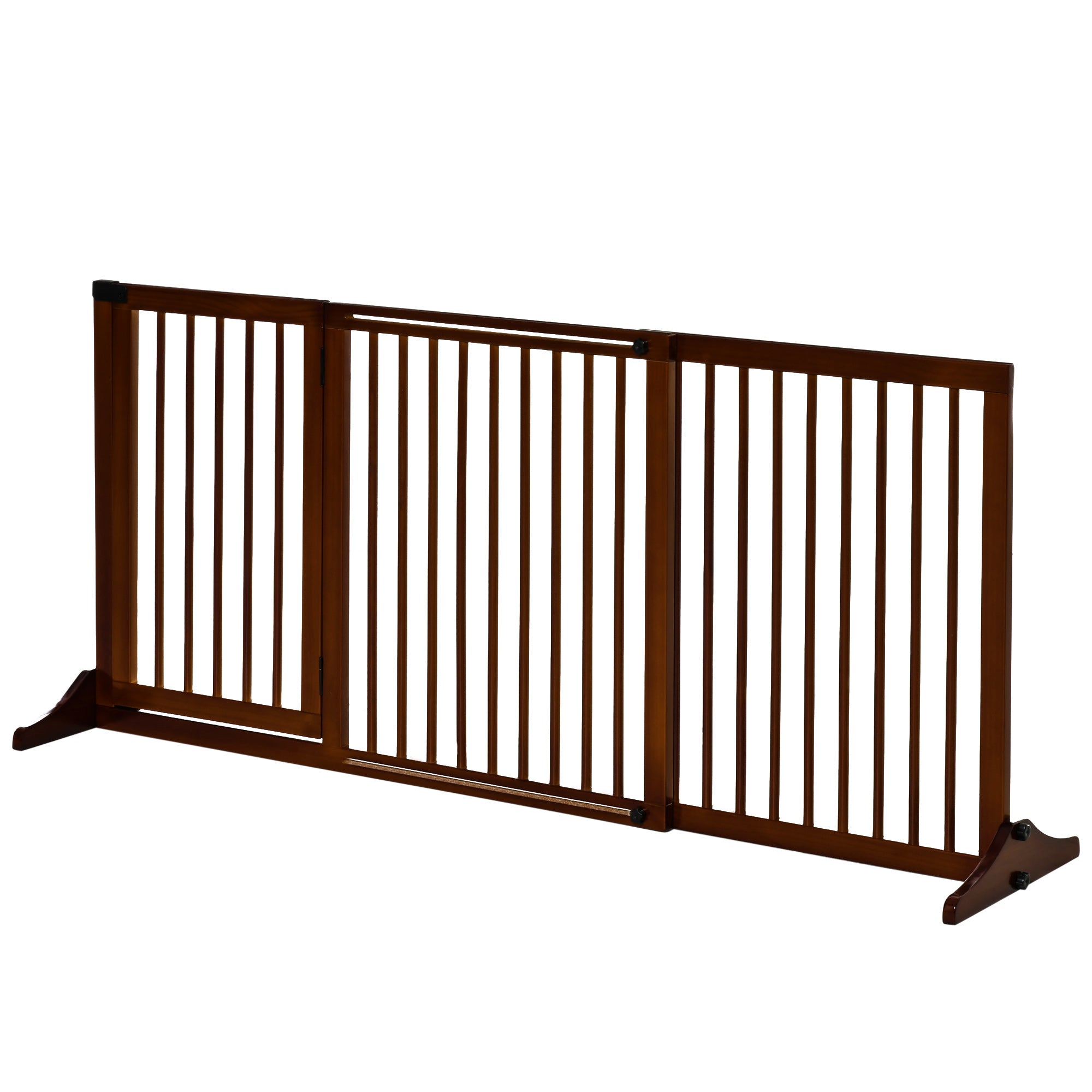 Freestanding Length Adjustable Wooden Pet Gate with Lockable Door 3 Panels, Brown - Brown