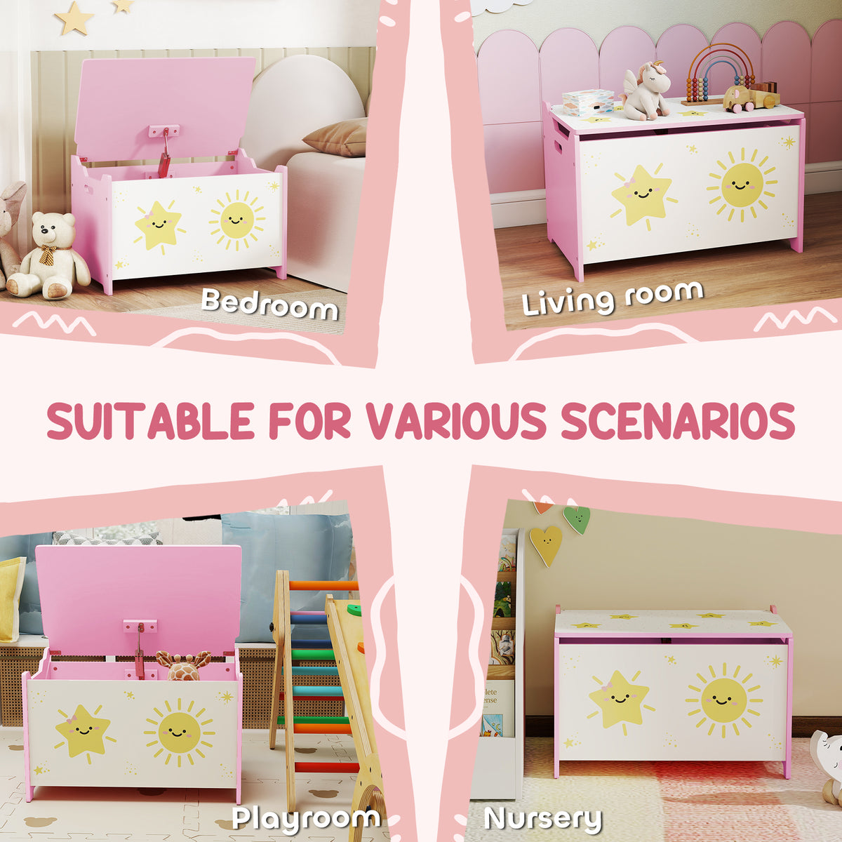 Qaba Toy Box with Lid, Safety Hinges and Groove Handles, Toy Storage Organizer for Kids, Living Room, Playroom, Pink