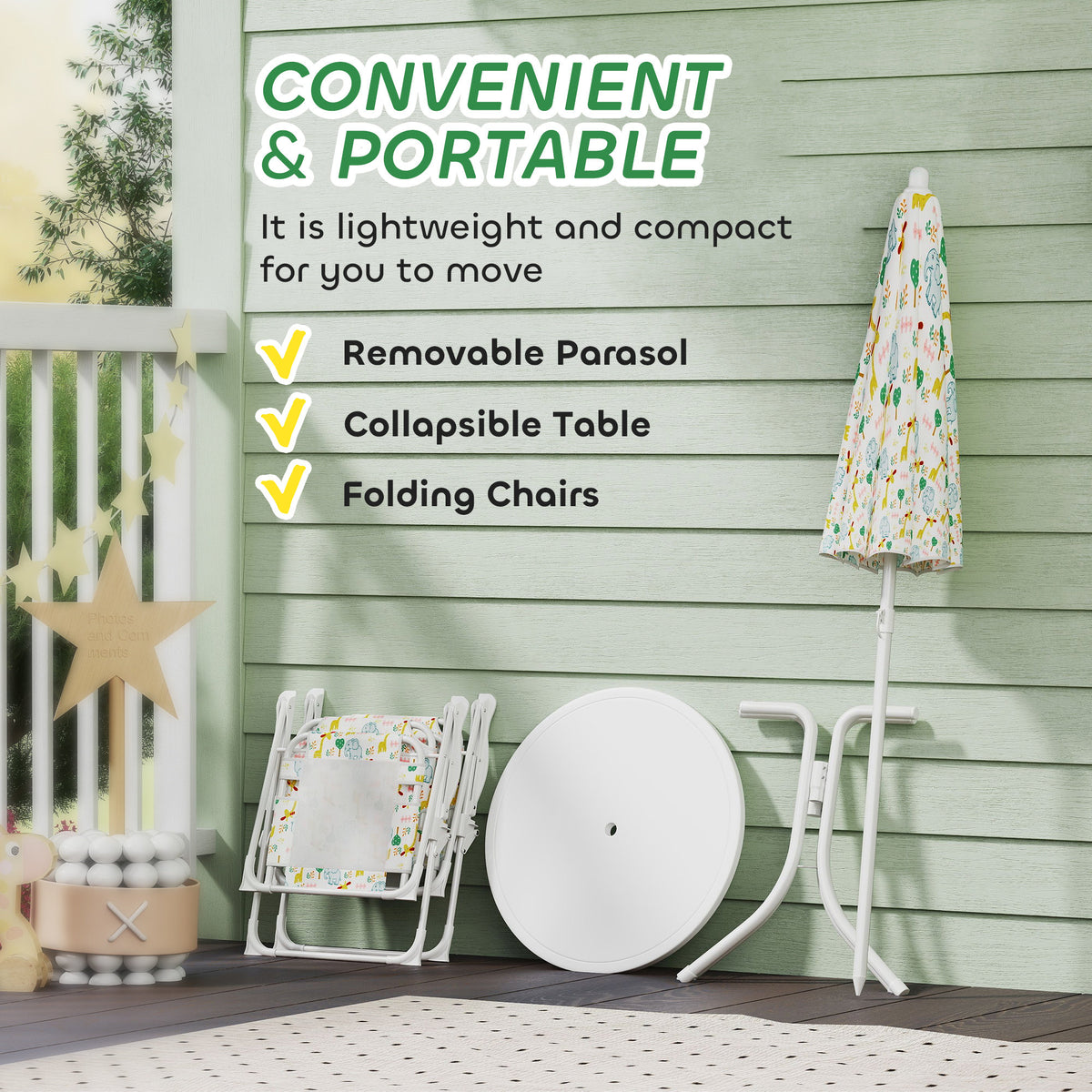 Qaba Kids Picnic Table and Chair Set, Outdoor Activity Table with Foldable Chairs, Removable Umbrella for Backyard, White