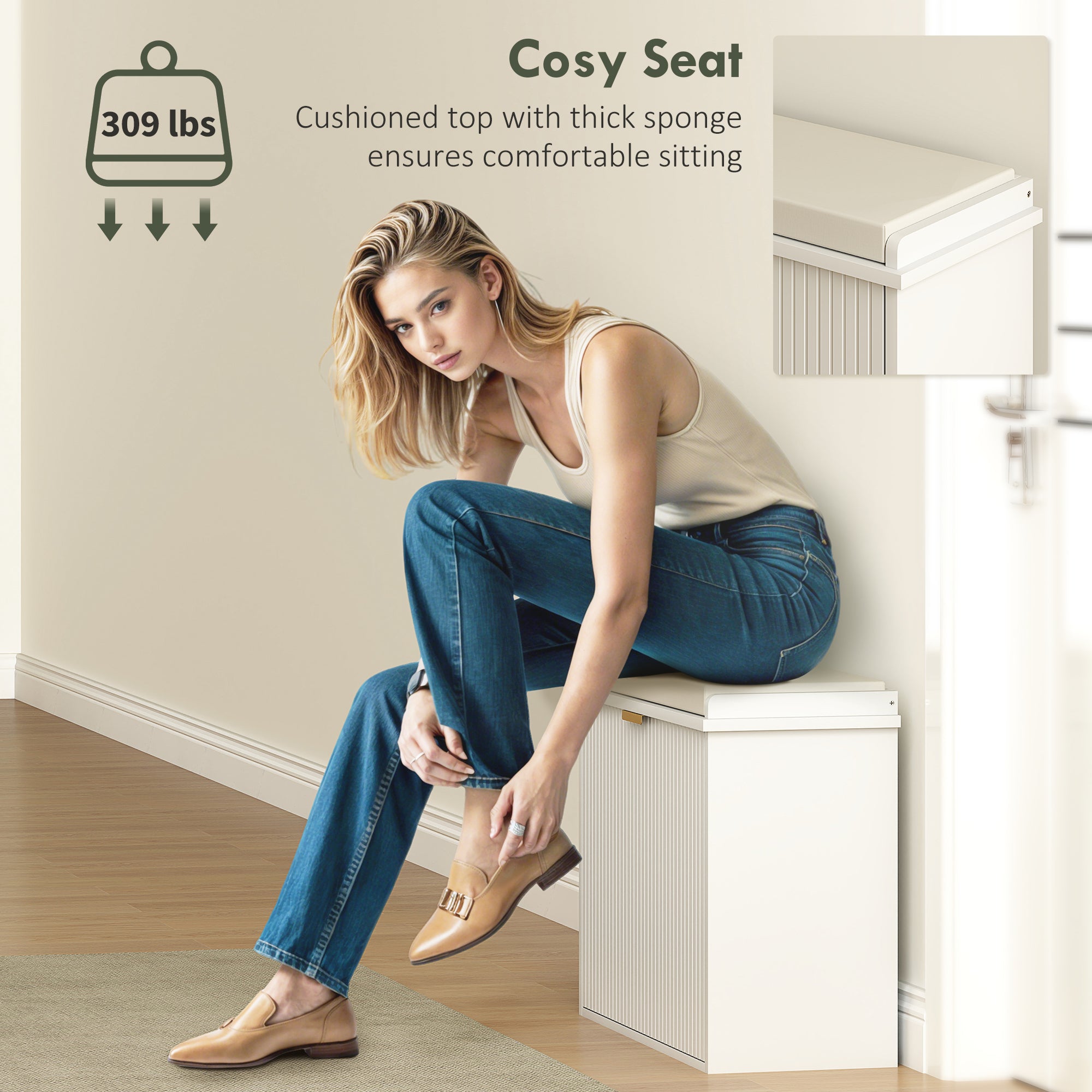 Shoe Storage Bench with Padded Seat Cushion and Flip-Drawer, Entryway Bench, Shoe Cabinet, 24.4x10.2x18.7 Inches, White