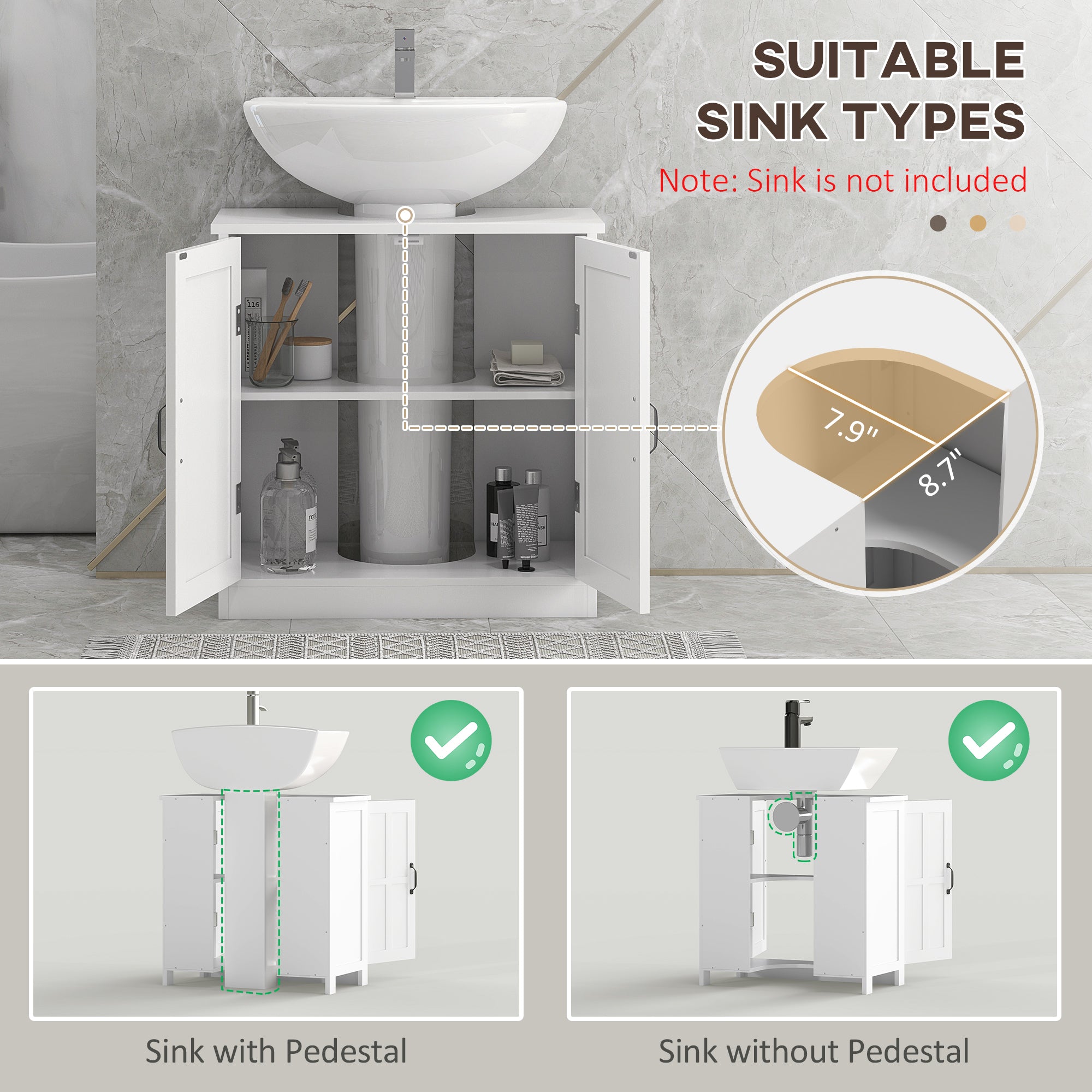 Pedestal Sink Storage Cabinet, Under Sink Cabinet with 2 Doors and Adjustable Shelf, Bathroom Vanity with U-Shape Cut-Out, White