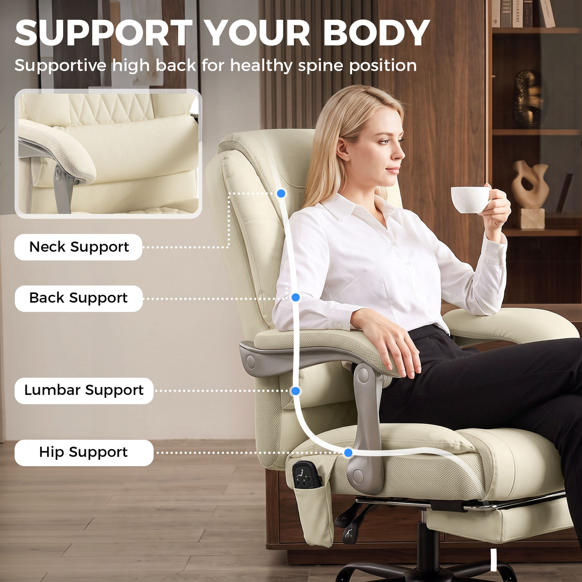 400lbs Massage Office Chair with Heat, Big and Tall Desk Chair, Lumbar Support, Reclining, Footrest, Beige