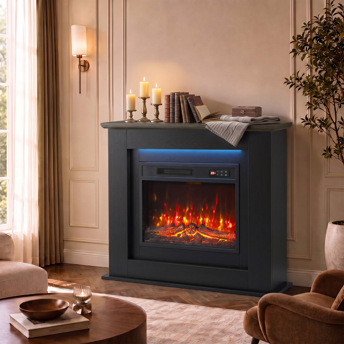 40" Electric Fireplace with Mantel, LED Strip, Fireplace TV Stand for 55" TVs, Adjustable Flame, Black