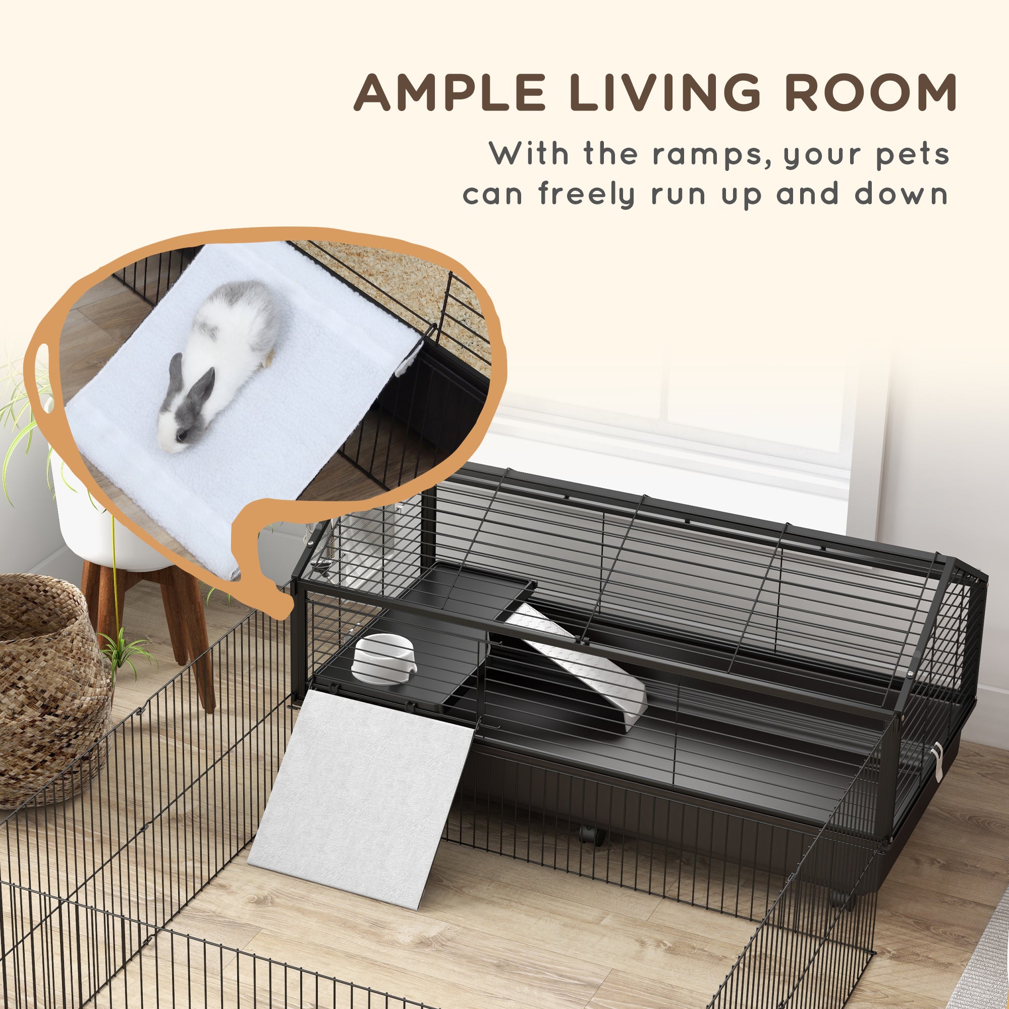 Small Animal Playpen Cage with Rolling Caster, Water Bottle 46.5" - Black and Beige - Image 4
