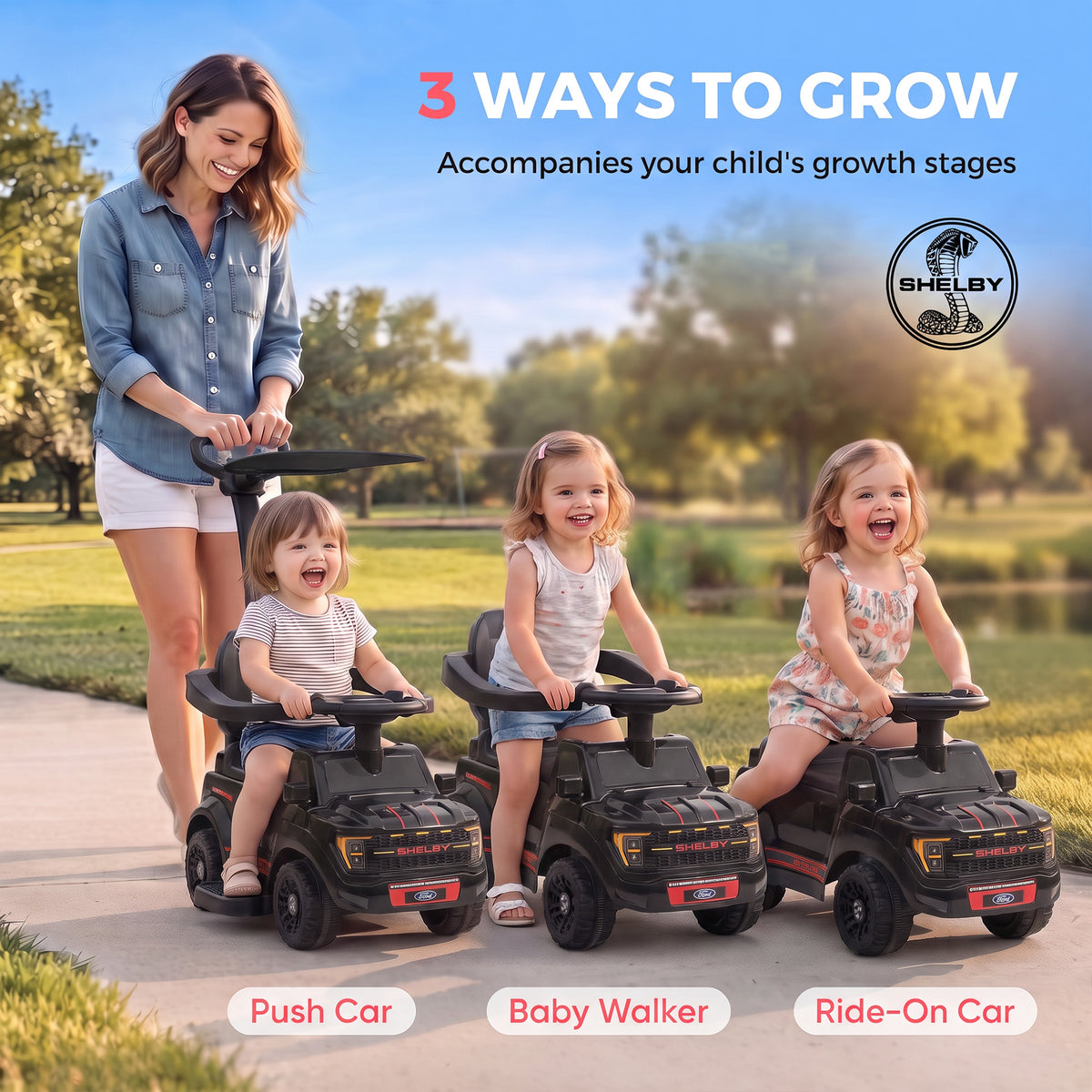 3-in-1 Push Car for 1-3, Licensed Ford Shelby Sliding Walking Car with Parent Handle, Canopy, Guardrail, Storage, Black