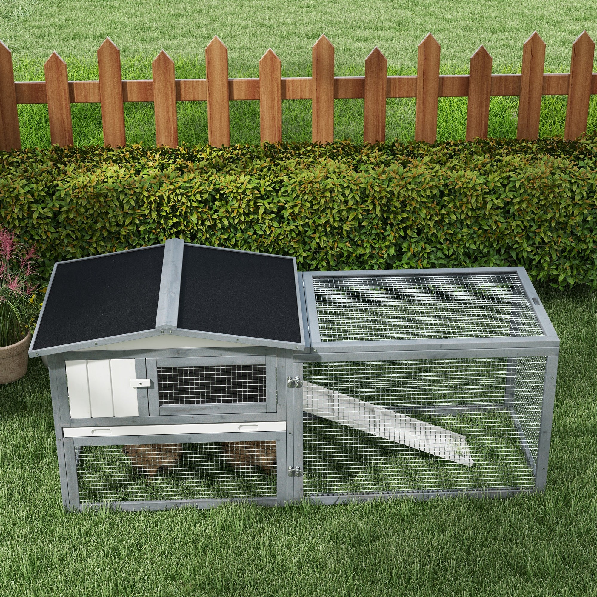 Large Rabbit Cage Outdoor 61"L Guinea Pig Hutch w/ Run Feeding Trough Removable Tray Ramp Asphalt Roof, White - White - Image 8