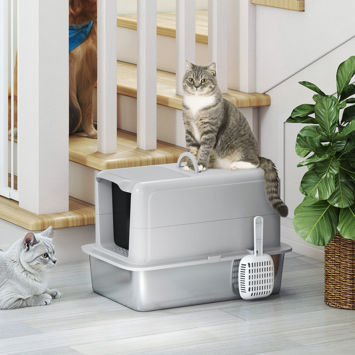 2 in 1 Stainless Steel Cat Litter Box with Removable Lid, Scoop, Filter Bags, for Small to Large Cats, Gray