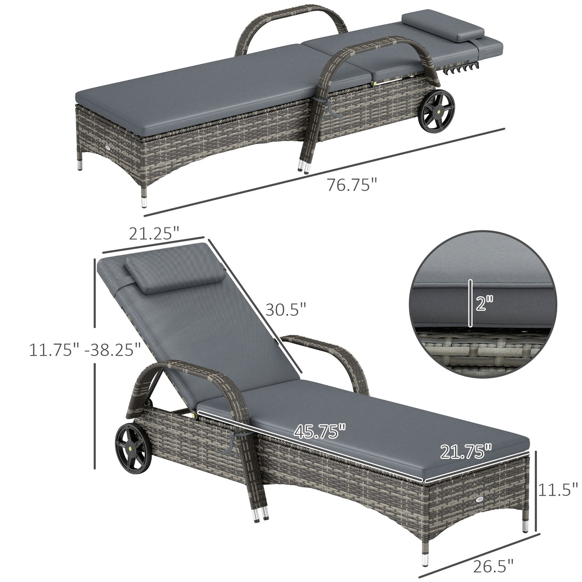 Outdoor Chaise Lounge, 5-Level Adjustable Backrest Rattan Pool Lounge Chair with Wheels, Cushion & Headrest, Gray