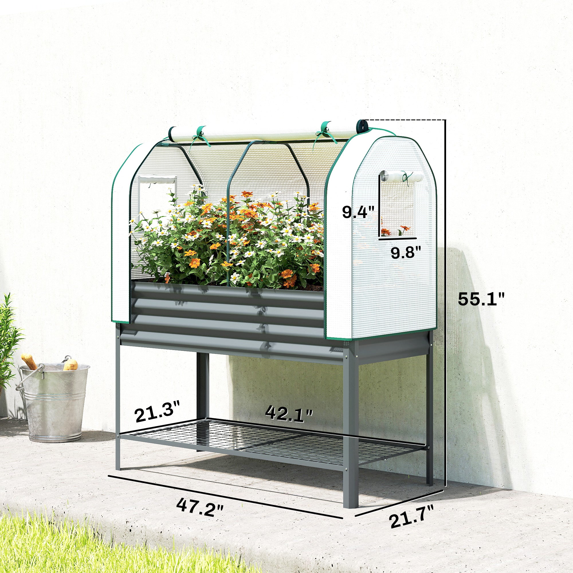 Galvanised Raised Garden Bed with Greenhouse Cover, Metal Elevated Garden Bed with Bed Liner, Bottom Shelf, Dark Gray - Dark Gray - Image 3
