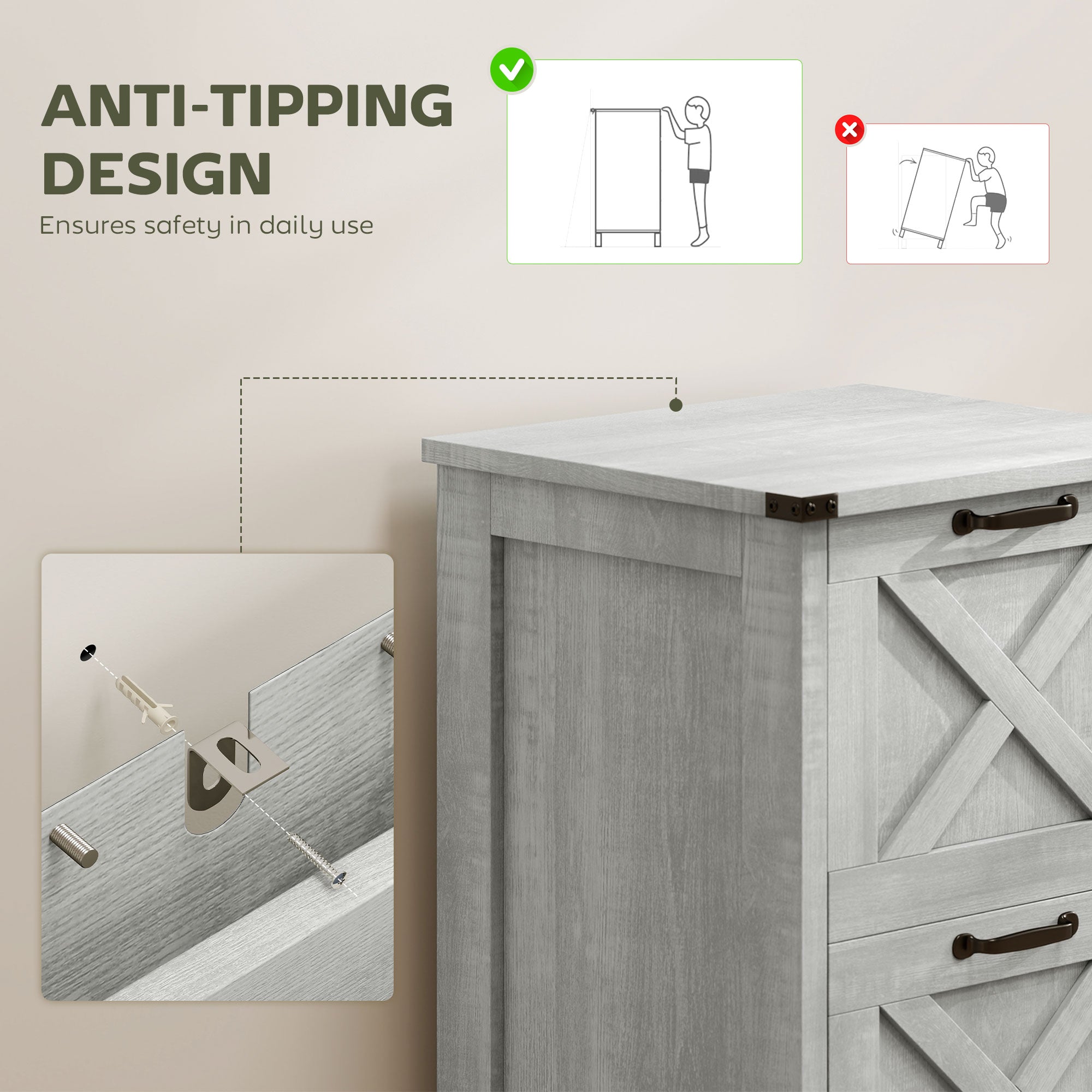Vertical File Cabinet with 2 Drawers, Rustic Farmhouse Office Storage Cabinet for A4, Letter Size, Distressed Light Gray