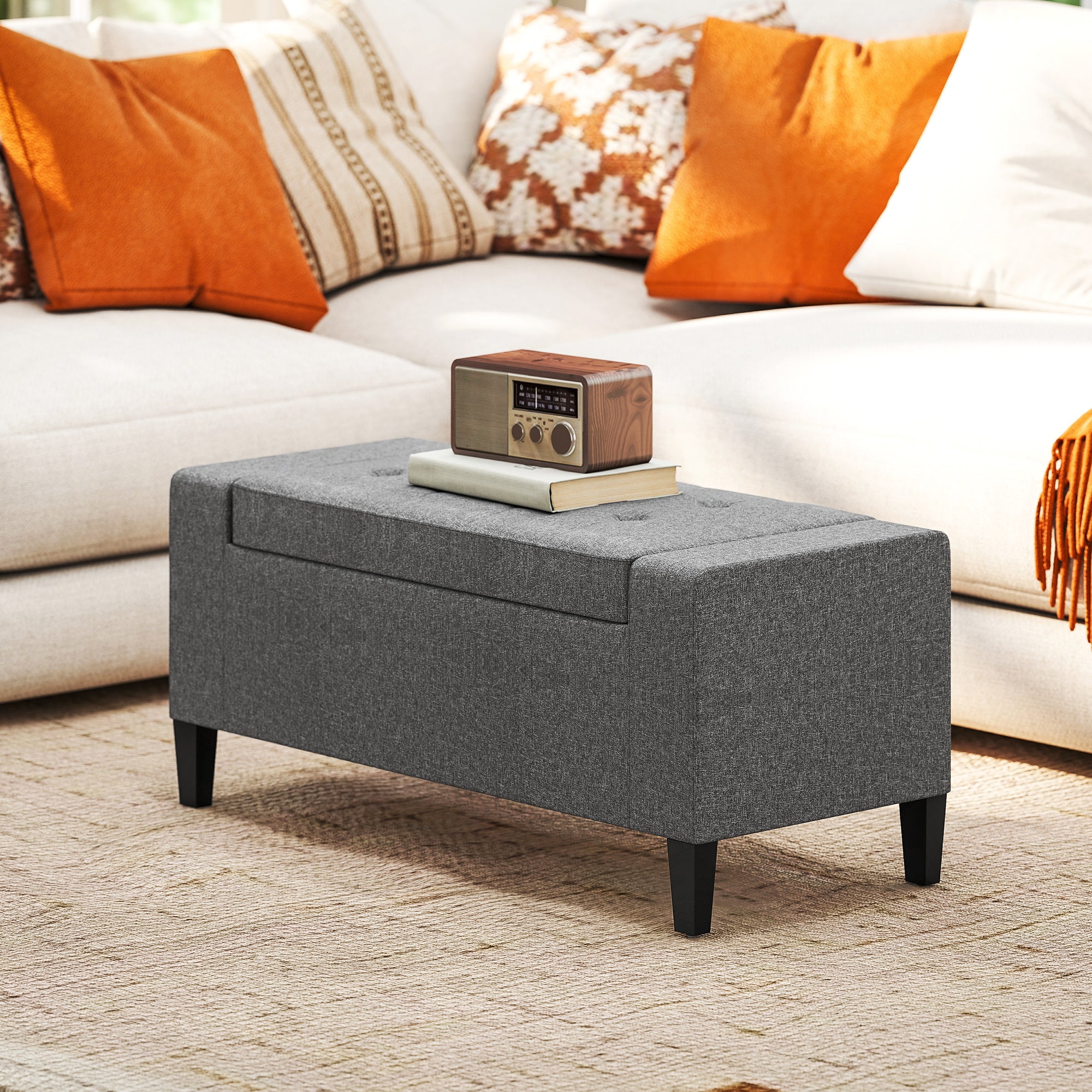 36" Ottoman with Storage, Storage Ottoman Bench with Lift Top and Rubberwood Legs, Linen Upholstered Entryway Bench with Seating for Living Room, Bedroom, Holds up to 330 lb, Gray