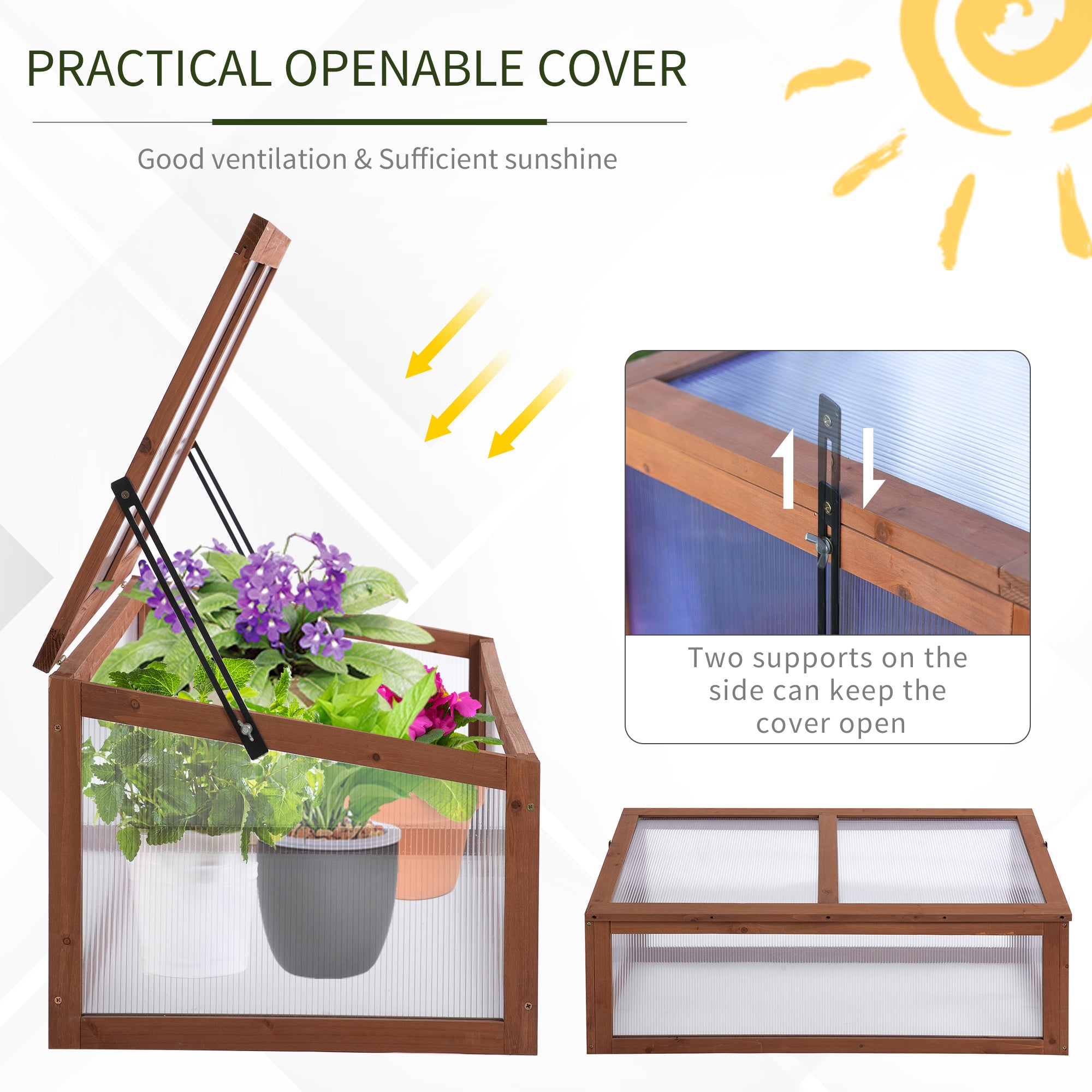 Wooden Cold Frame Greenhouse, Mini Greenhouse with Polycarbonate Board and Solid Wood Frame, Green House Cold Frame, Indoor Outdoor Terrarium Planter Box, 39" x 26" x 16", Natural - Brown - Image 6