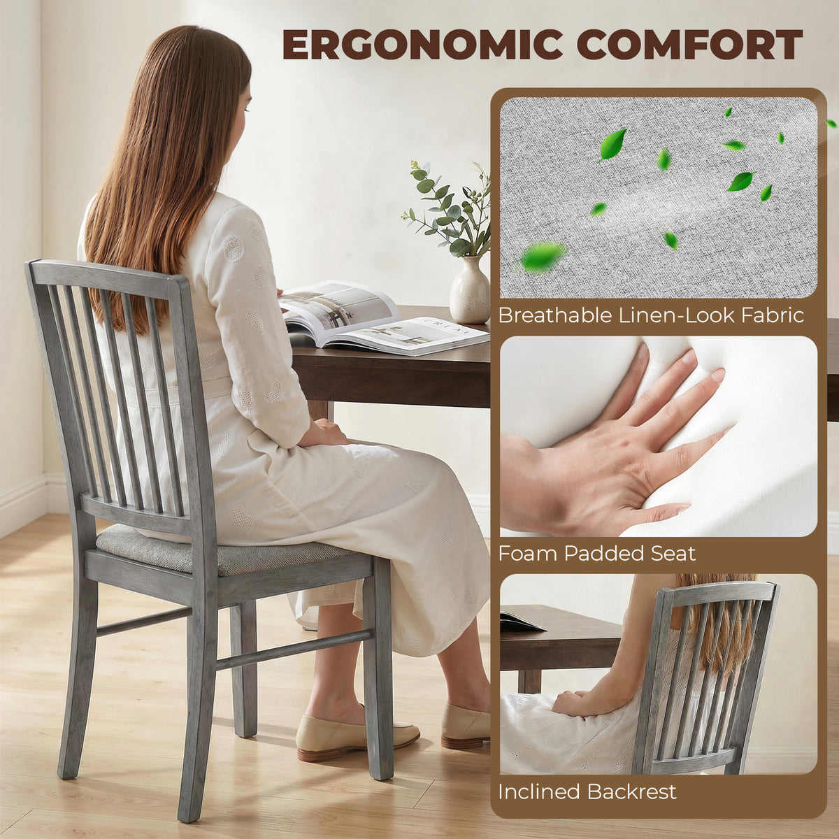 Dining Chairs Upholstered Kitchen Chairs with Rubberwood Legs Set of 2, Rustic Gray