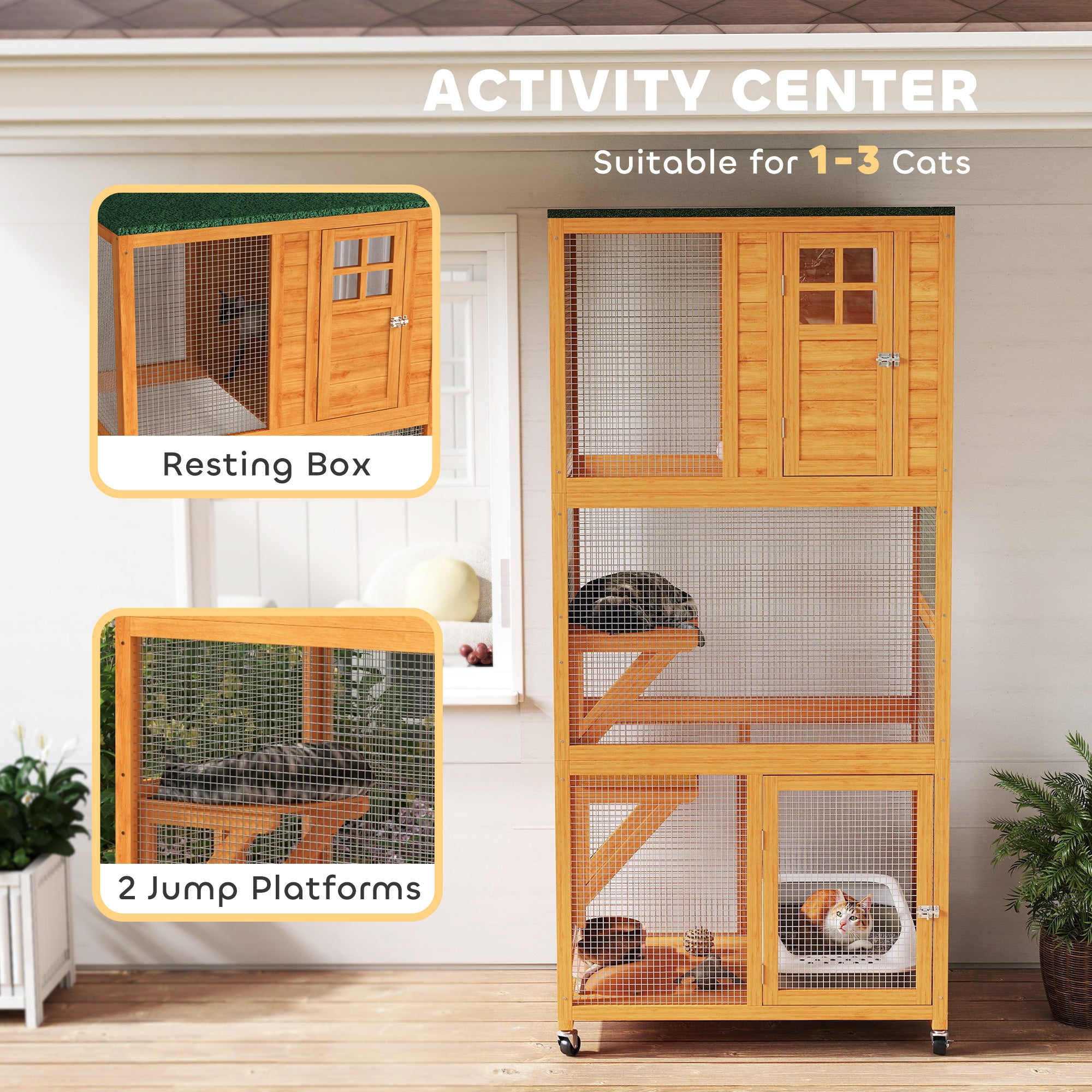 74" Wooden Outdoor Cat House Catio Outdoor Cat Enclosure, Orange - Orange - Image 4