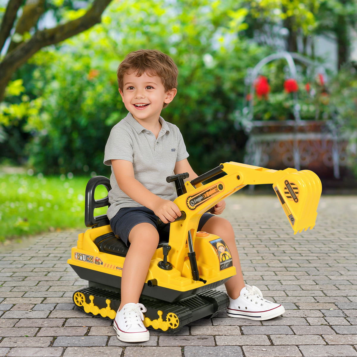 Qaba No Power Ride On Excavator Toy Tractors Digger Movable Scooter Walker Pretend Play Toddler Construction Truck Basket Storage For Boys Girls 18-48 Months Yellow Black