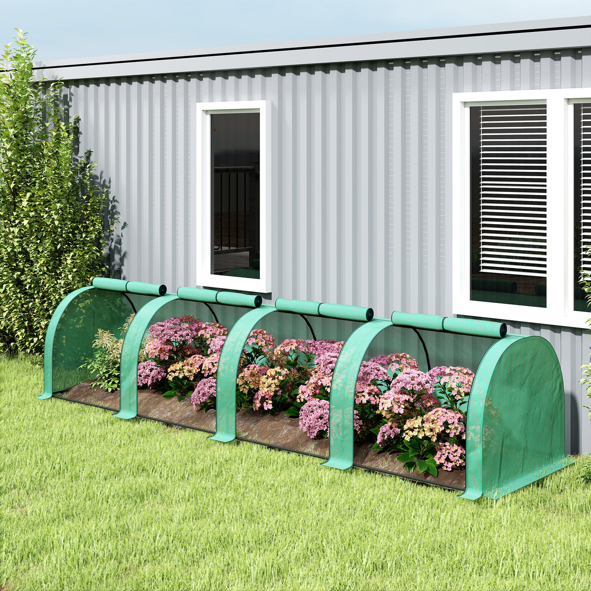 13' L x 3' W x 2.5' H Portable Tunneled Greenhouse with 4 Zippered Doors, Water/UV Fighting PE Cover, Green