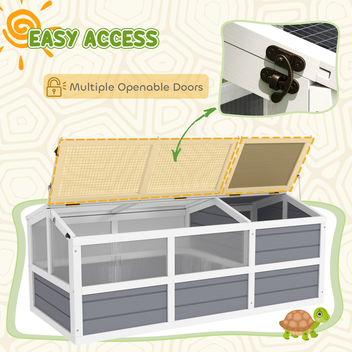 Wooden Tortoise Habitat Outdoor w/ Bottomless Design, Doors, PC Sun Panel Windows, for Small Animals, Rabbit, Light Gray