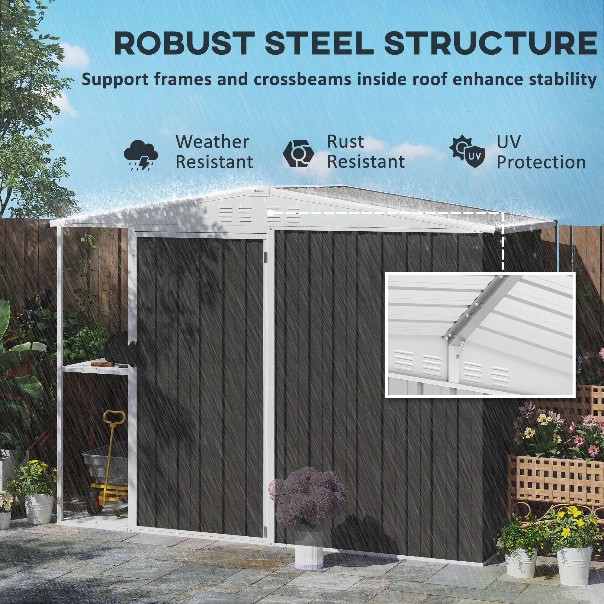 8 x 4ft Outdoor Garden Shed, Metal Shed with Air Vents and Lock for Backyard, Garden, Patio, Dark Gray - Dark Gray - Image 8