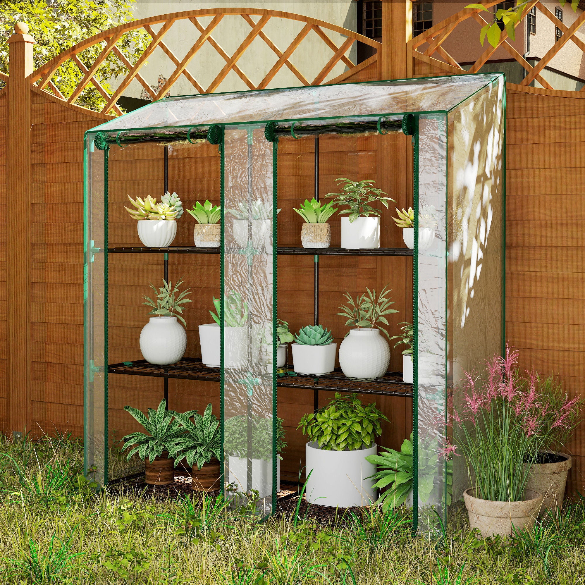 Lean-to Greenhouse, Portable Greenhouse with 3 Tier Shelves, 2 Roll-Up Zippered Doors, 56.3" x 18.1" x 59.4", Clear - Clear - Image 8
