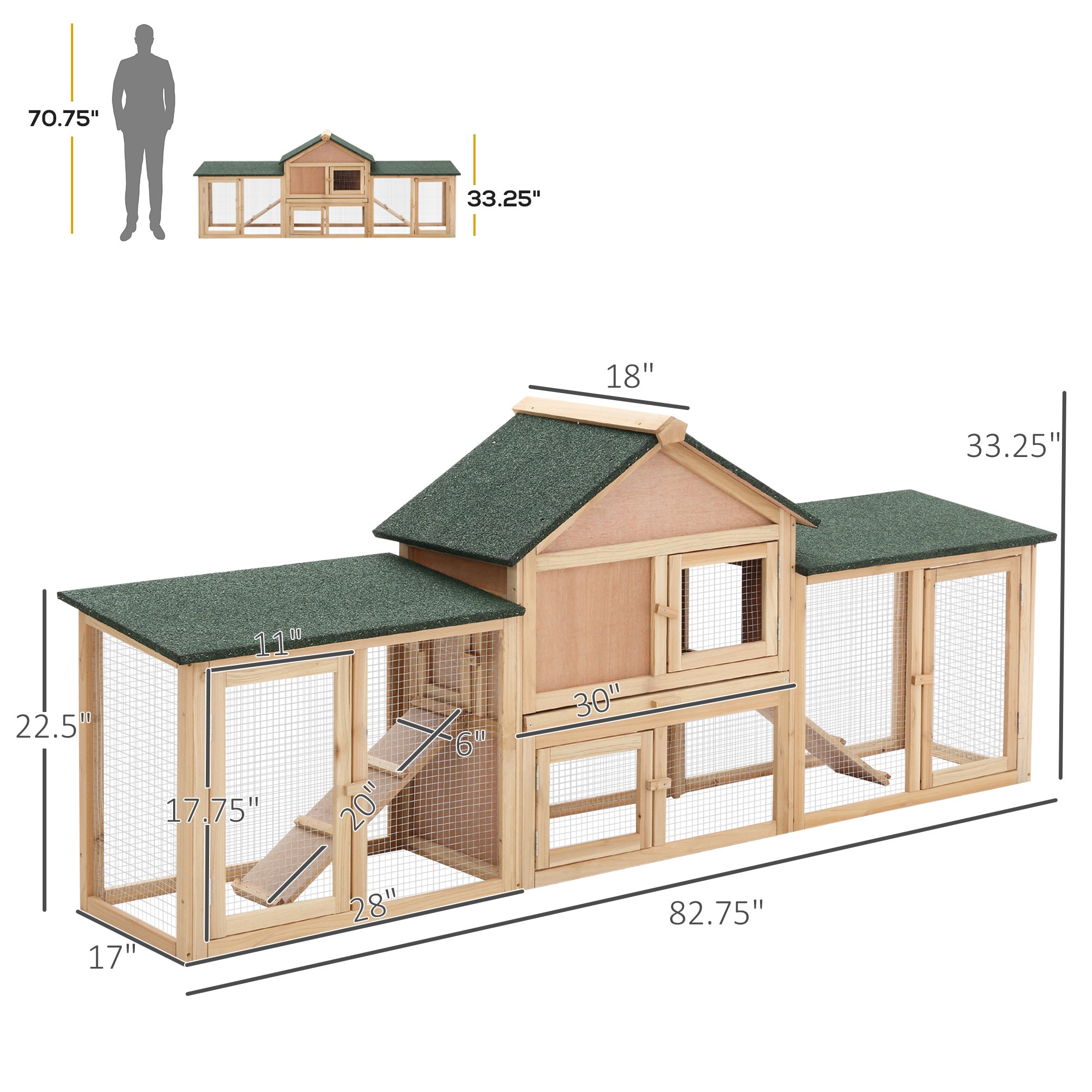Rabbit Cage Outdoor, Rabbit House 83" 2 Story Deluxe XL Wooden Rabbit Hutch Big Bunny Cage w/ Ladder and Run - Natural - Image 3