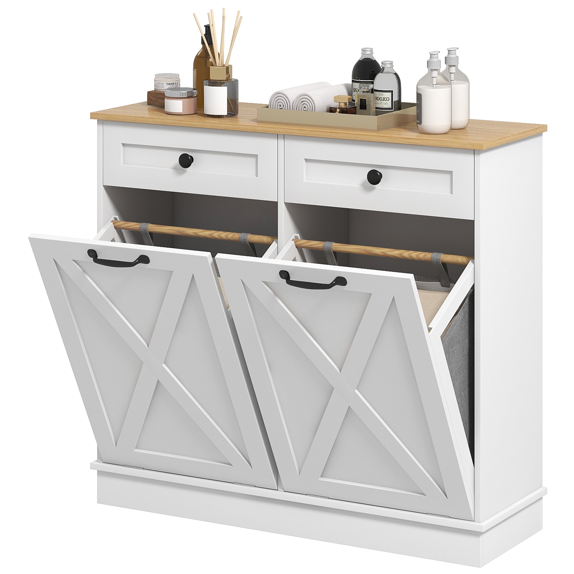 Tilt Out Laundry Hamper Cabinet, Bathroom Storage Cabinet with 2 Removable Baskets and 2 Drawers, White