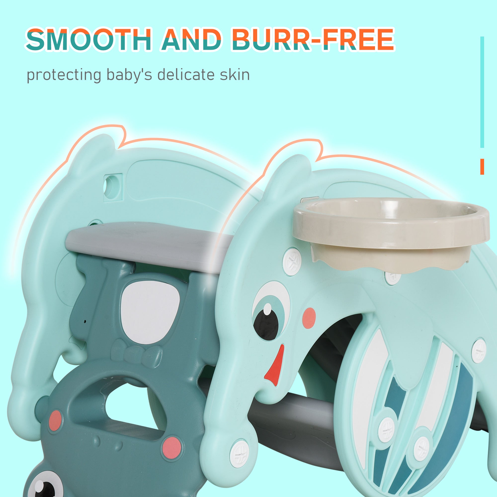 3-in-1 Kids Portable Slide Rocking Horse Toy with Basketball Hoop for Age 1.5-3 Boys and Girls, Mint Green