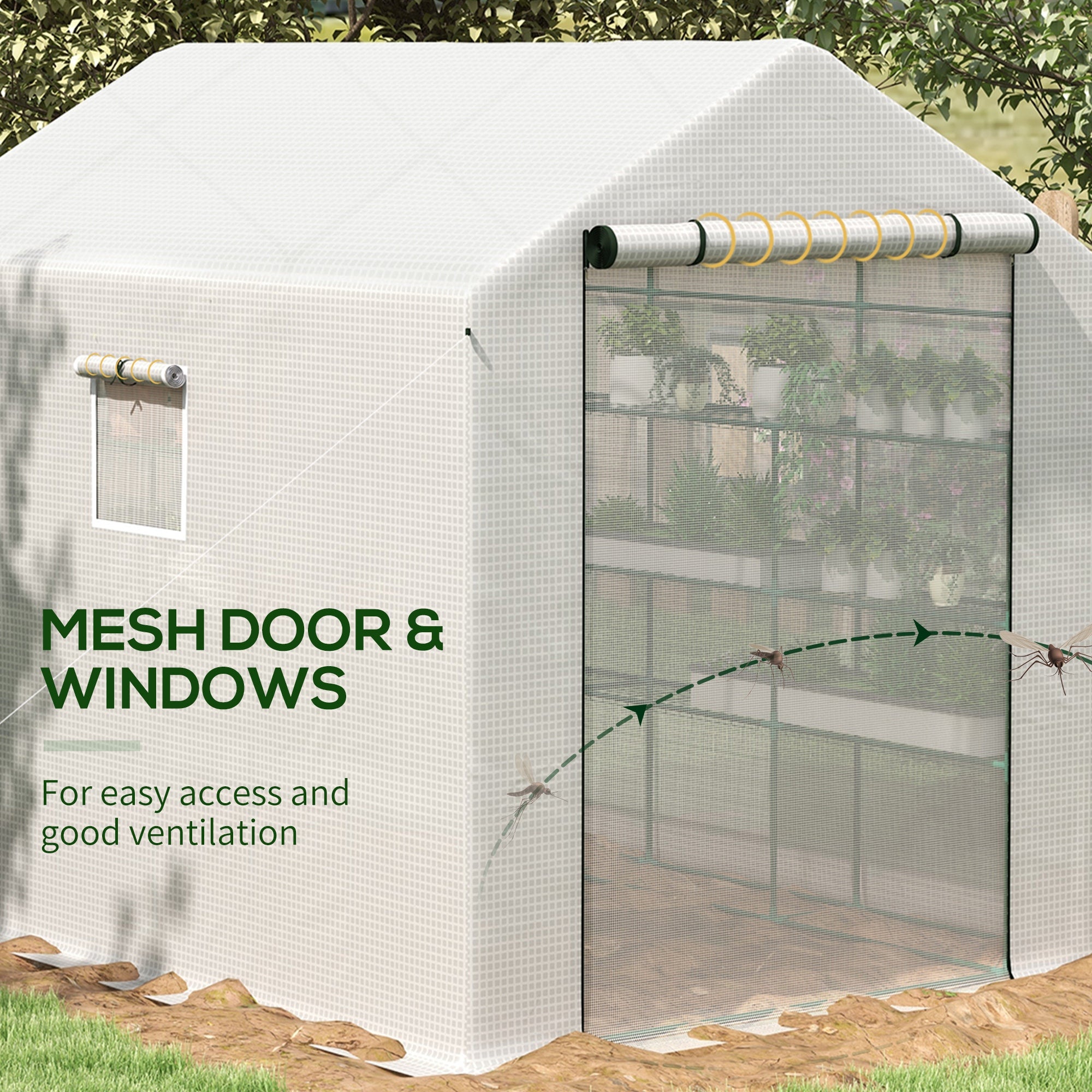 8' x 6' x 7' Portable Walk in Greenhouse with Mesh, Door, Windows, 18 Shelf, Trellis, Plant Labels, White - White - Image 5