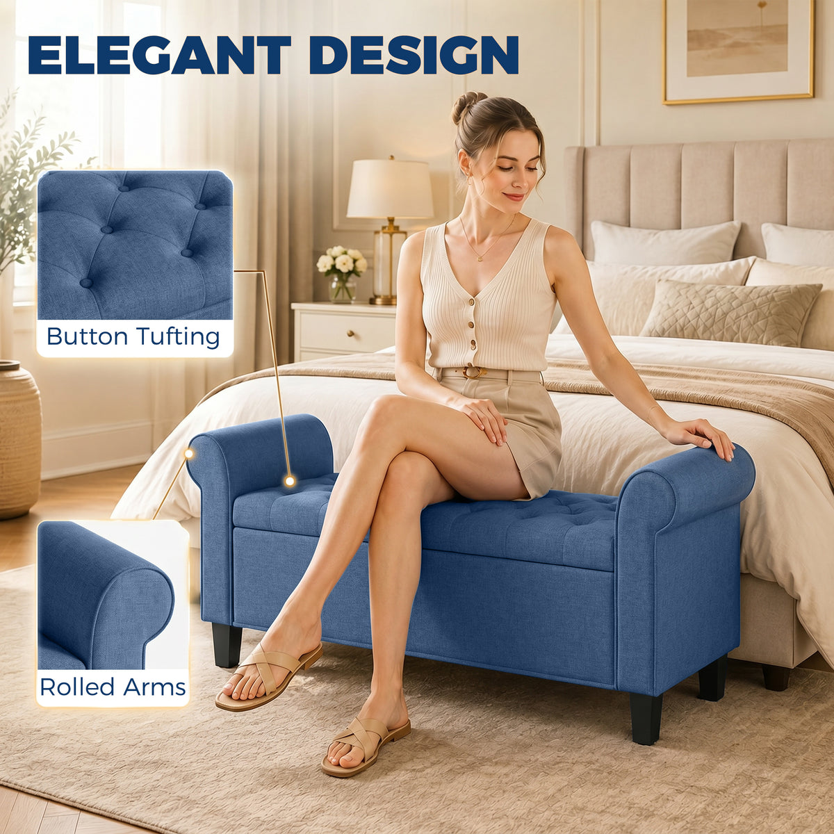 47" Storage Ottoman Bench, Tufted End of Bed Bench with Rolled Arms, Safety Hinge, Wood Legs for Bedroom, Blue