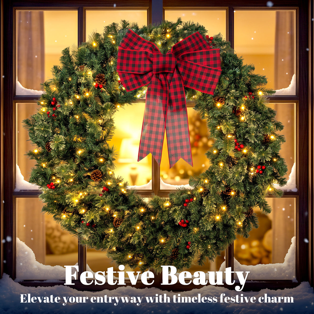 48" Prelit Crestwood Spruce Artificial Christmas Wreath, Christmas Decor with Bow, 8 Modes, Red Berries, Pinecones