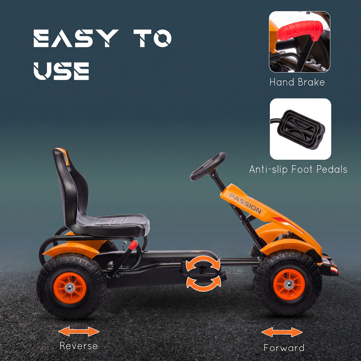 Kids Pedal Go Kart, Outdoor Ride on Toys with Adjustable Seat, Sharp Handling, Handbrake, 4 Non-Slip Rubber Wheels for Boys & Girls Aged 5-12 Years Old, Orange