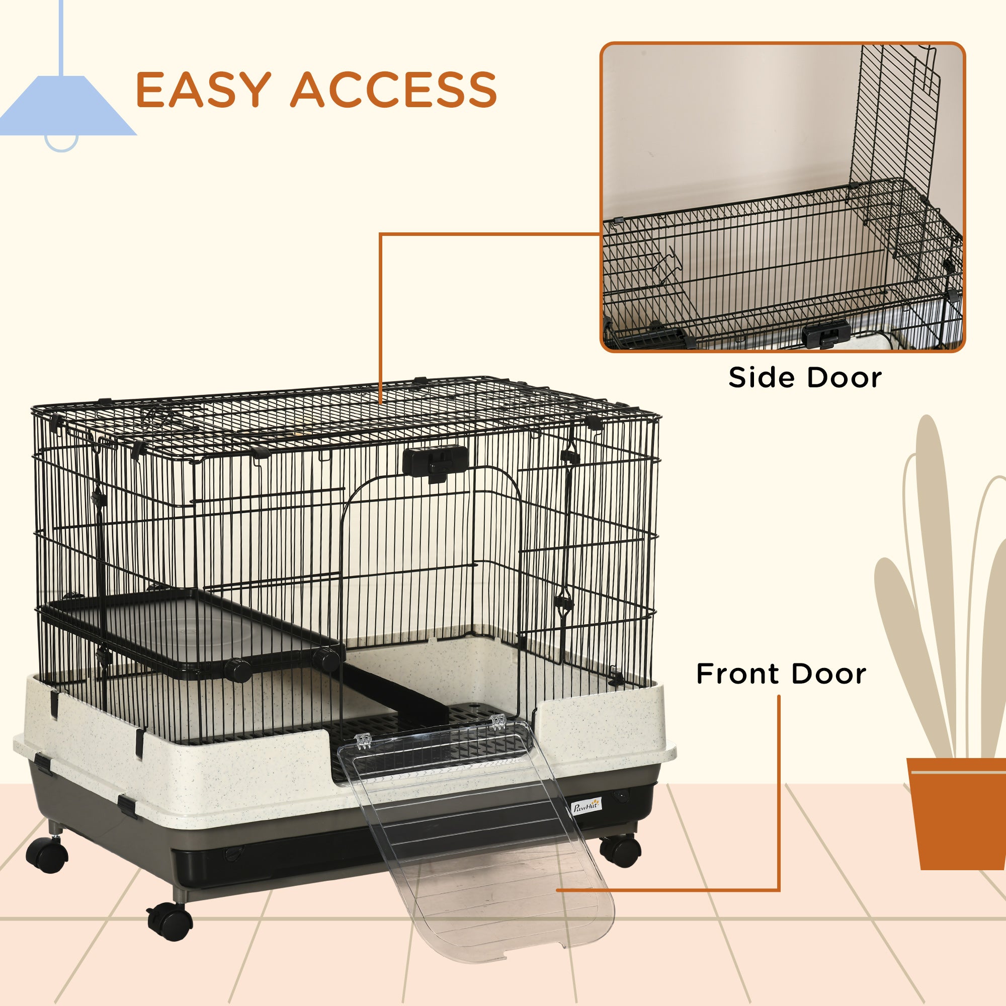 2-tier Compact Platform Rolling Small Animal Rabbit Cage for Hamsters, Chinchillas & Gerbils with a Large Living Space - Black and White - Image 4