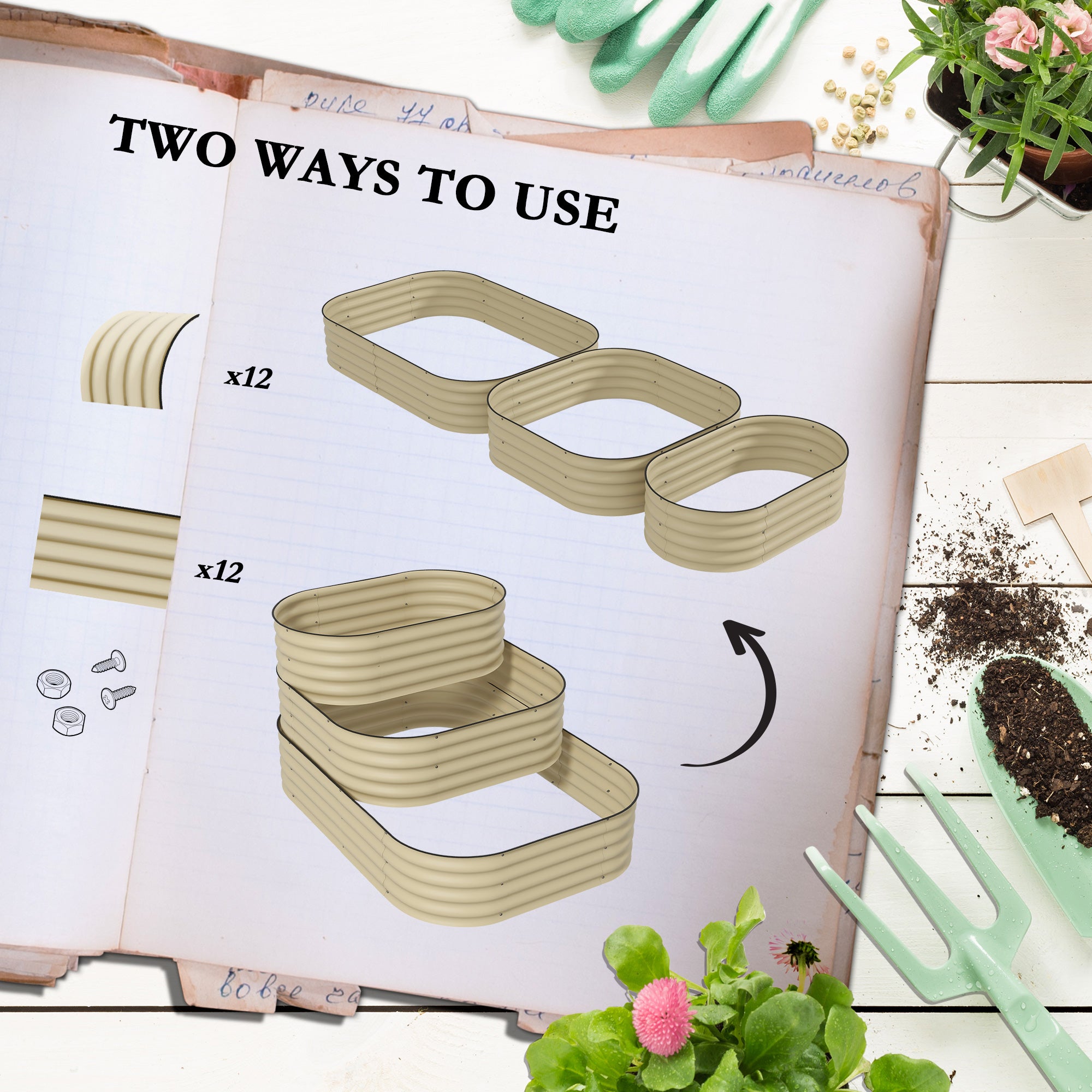 3-Tier Raised Garden Bed Set w/ Safety Edging, Open Bottom for Vegetables, Herbs, Flowers, 62.25" x 43" x 32.25", Cream - Cream White - Image 6
