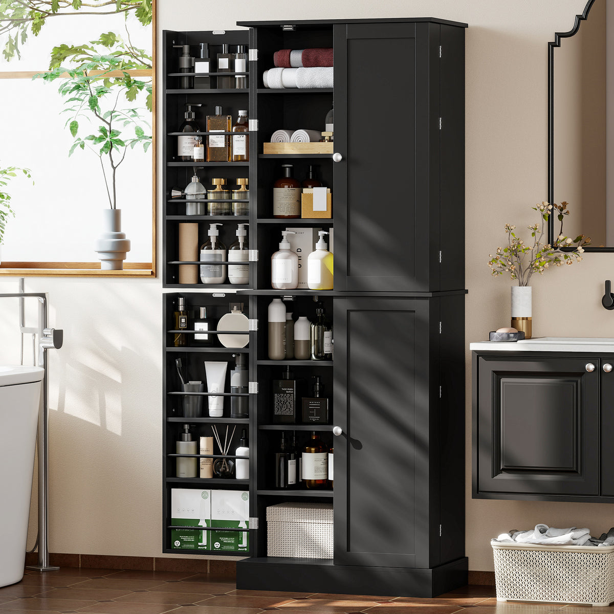 65" Kitchen Cabinet, Kitchen Pantry Cabinet with 4 Doors and 16 Door Shelves for Dining Room, Black
