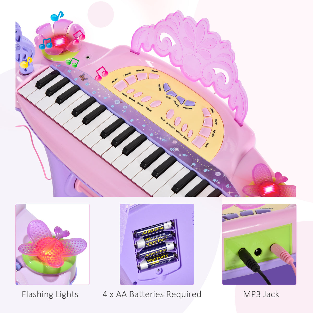 Qaba 32-Key Princess Electronic Toy Piano for Kids, Educational Keyboard Piano with Stool, MP3, Record, Flashing Lights, Microphone for 3-6 Years, Pink