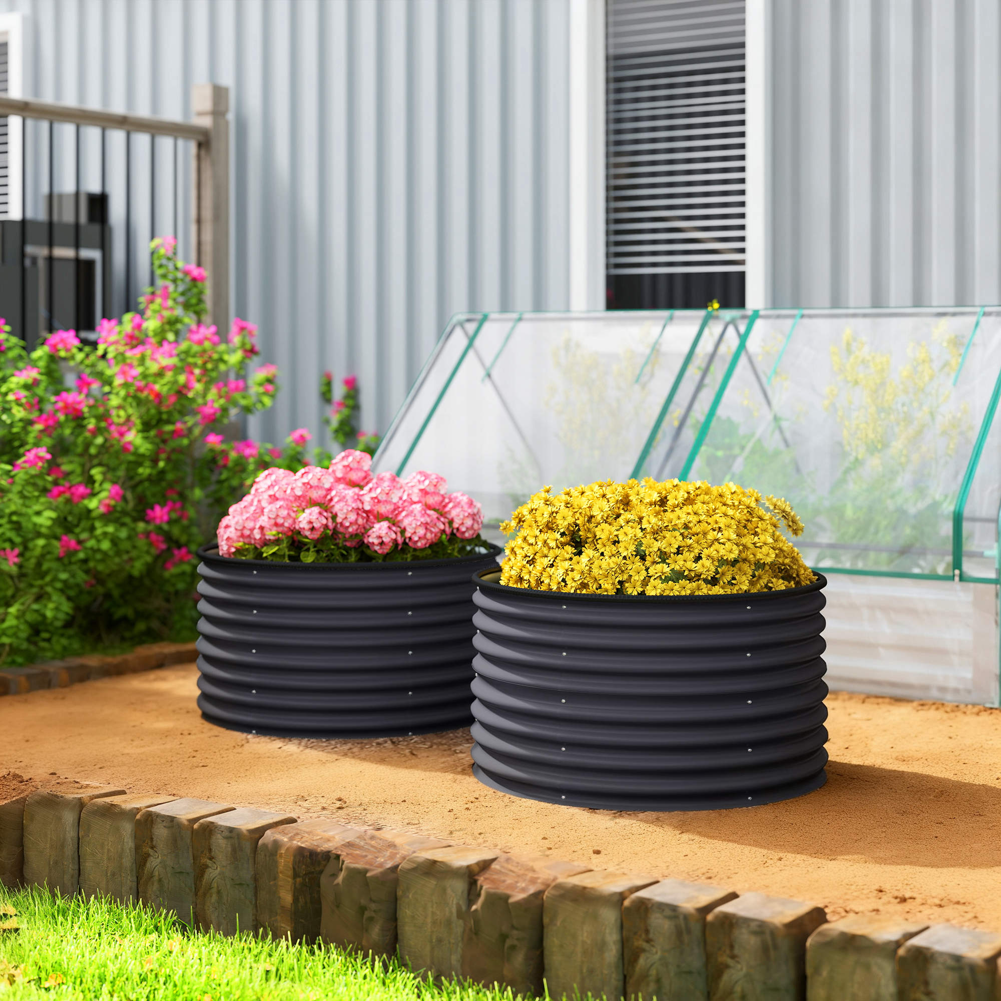 Set of 2 Raised Garden Bed, Metal Planter Box with Safety Edging, Easy-to-assemble Stock Tank, Dark Gray - Dark Gray - Image 2