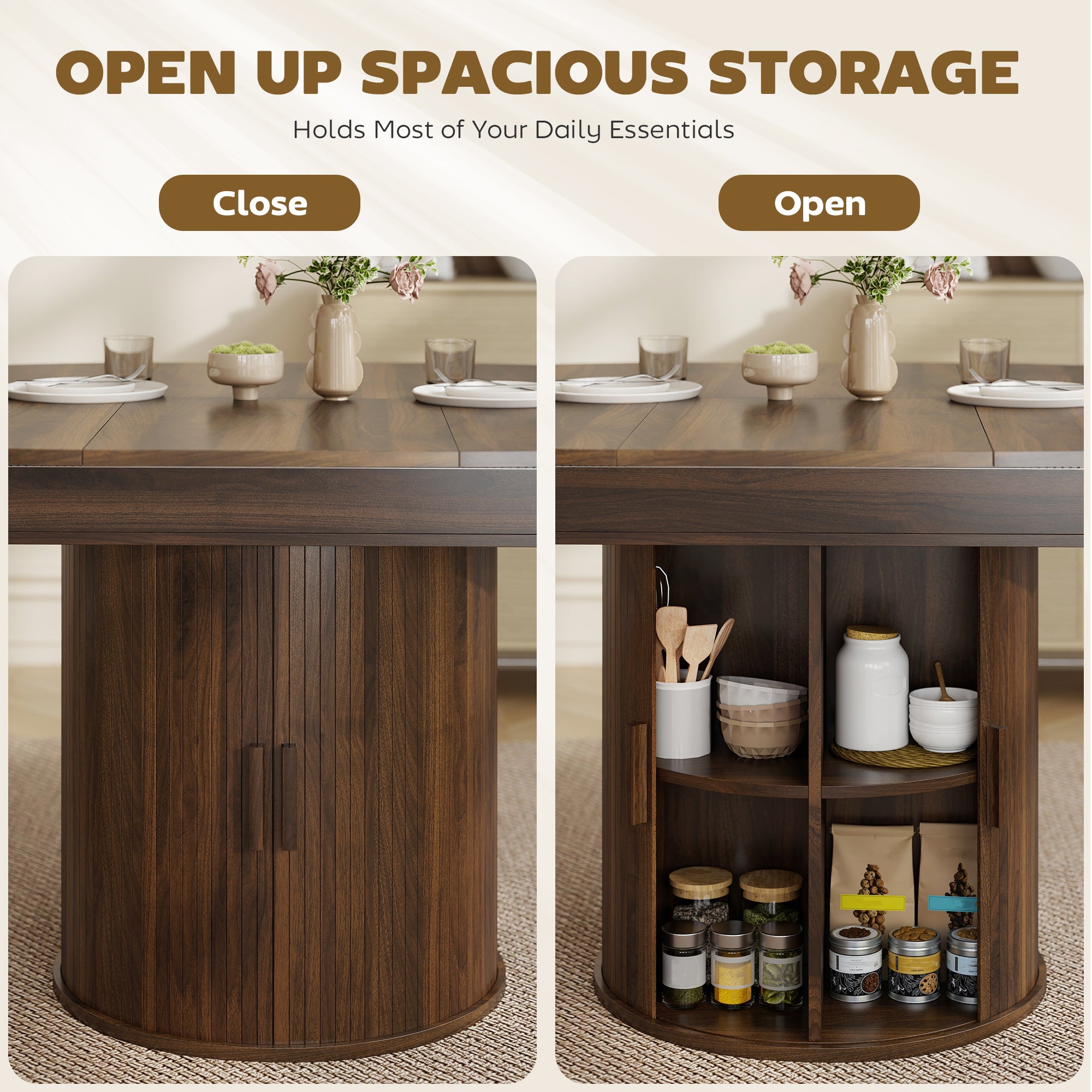 Extendable Dining Table for 6, 60" Farmhouse Kitchen Table with 2-Tier Storage Shelf and Fluted Sliding Doors, Walnut