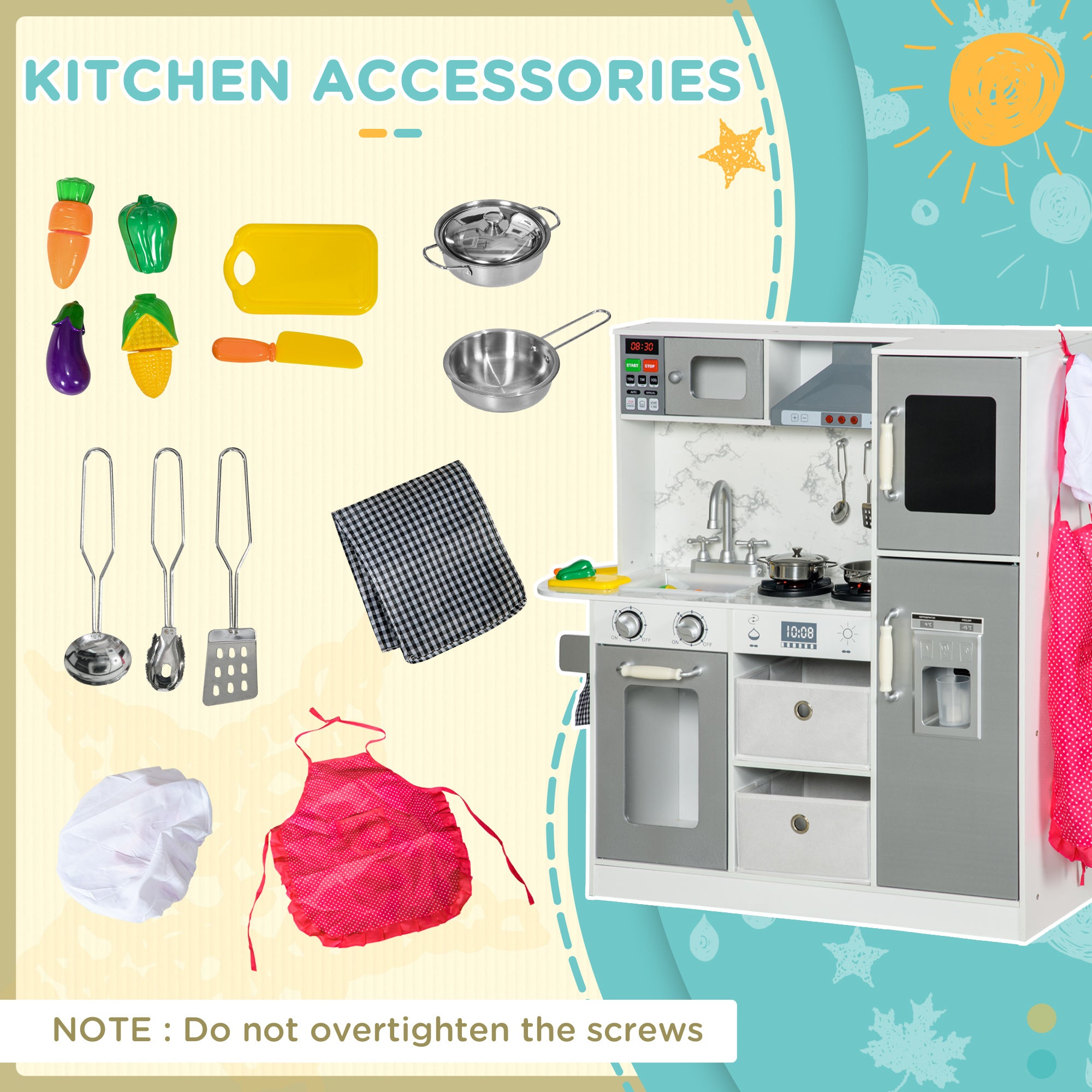 Play Kitchen Set for Kids W/ Lights Sounds, Apron and Chef Hat, White