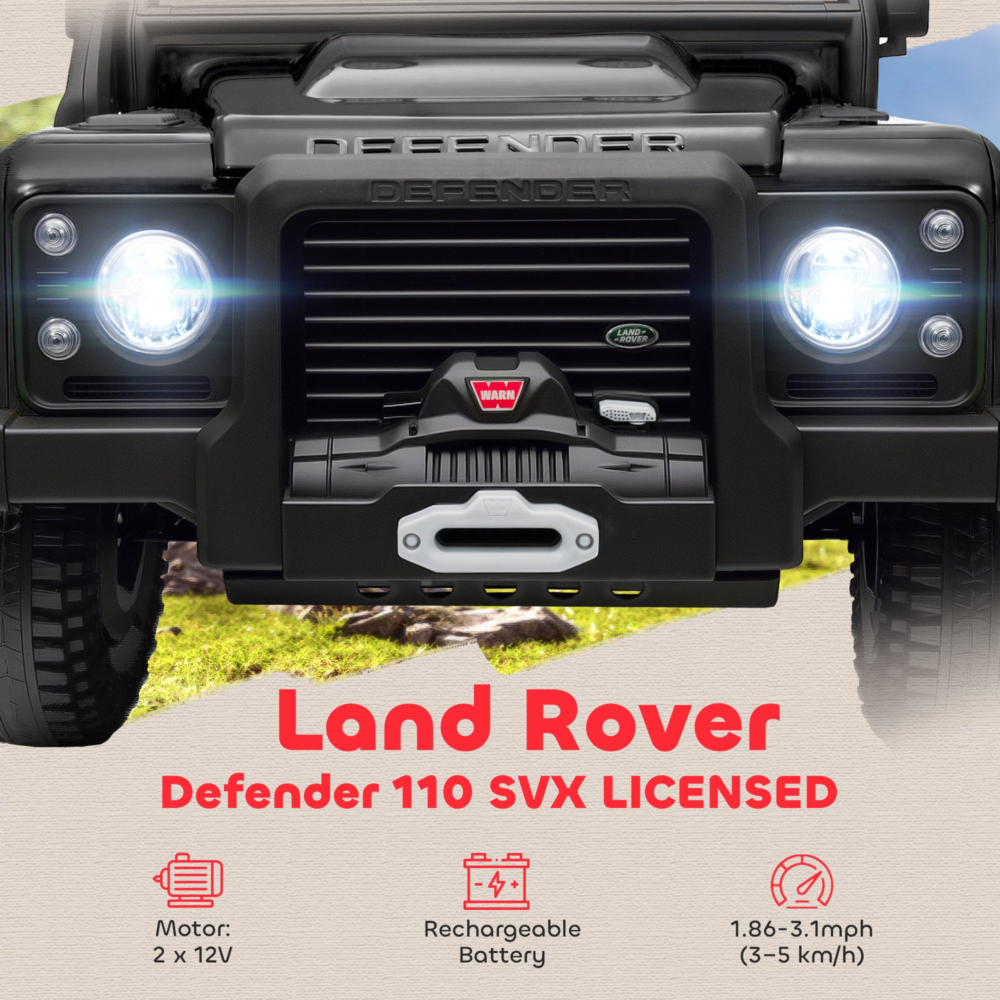 Land Rover Licensed Electric Car for Kids with Remote Control, Dual Motors, Spring Suspension, LED Lights, Black