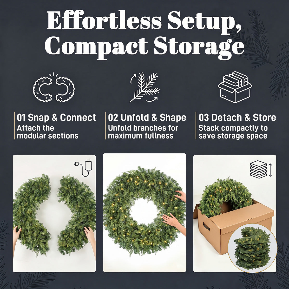 48" Prelit Crestwood Spruce Artificial Christmas Wreath, Christmas Decor with Bow, LEDs, 8 Modes, Realistic Tips