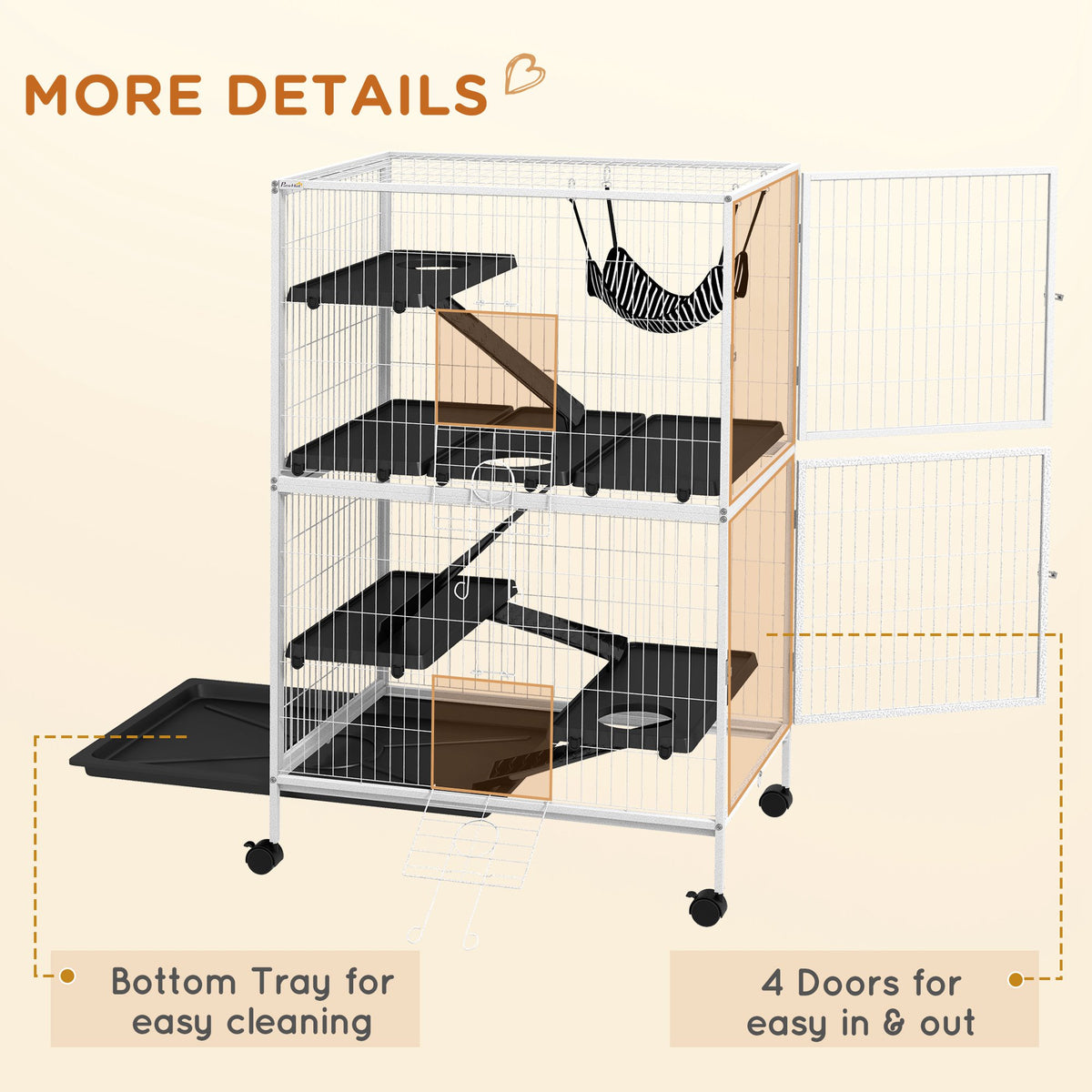 50" H Rolling Small Animal Cage with Hammock, Ferret Cage, Chinchilla Cage, Pet Habitat, wIth 4 Doors, Removable Tray