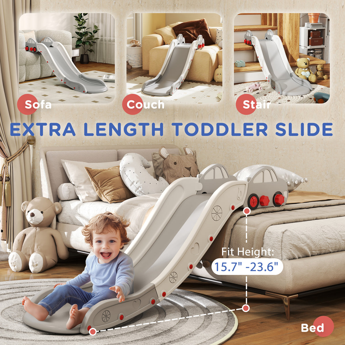 Extra Length Toddler Slide for Bed, Sofa, Easy to Assemble, Gray