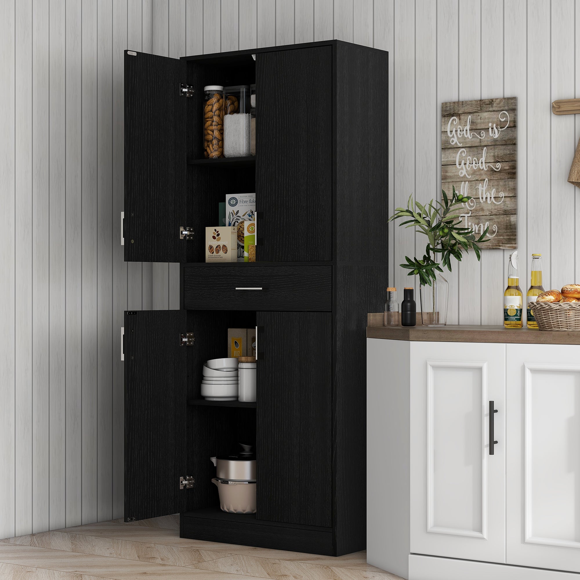 71" Kitchen Cabinet with Drawer and Adjustable Shelf, Freestanding Tall Kitchen Pantry, Distressed Black