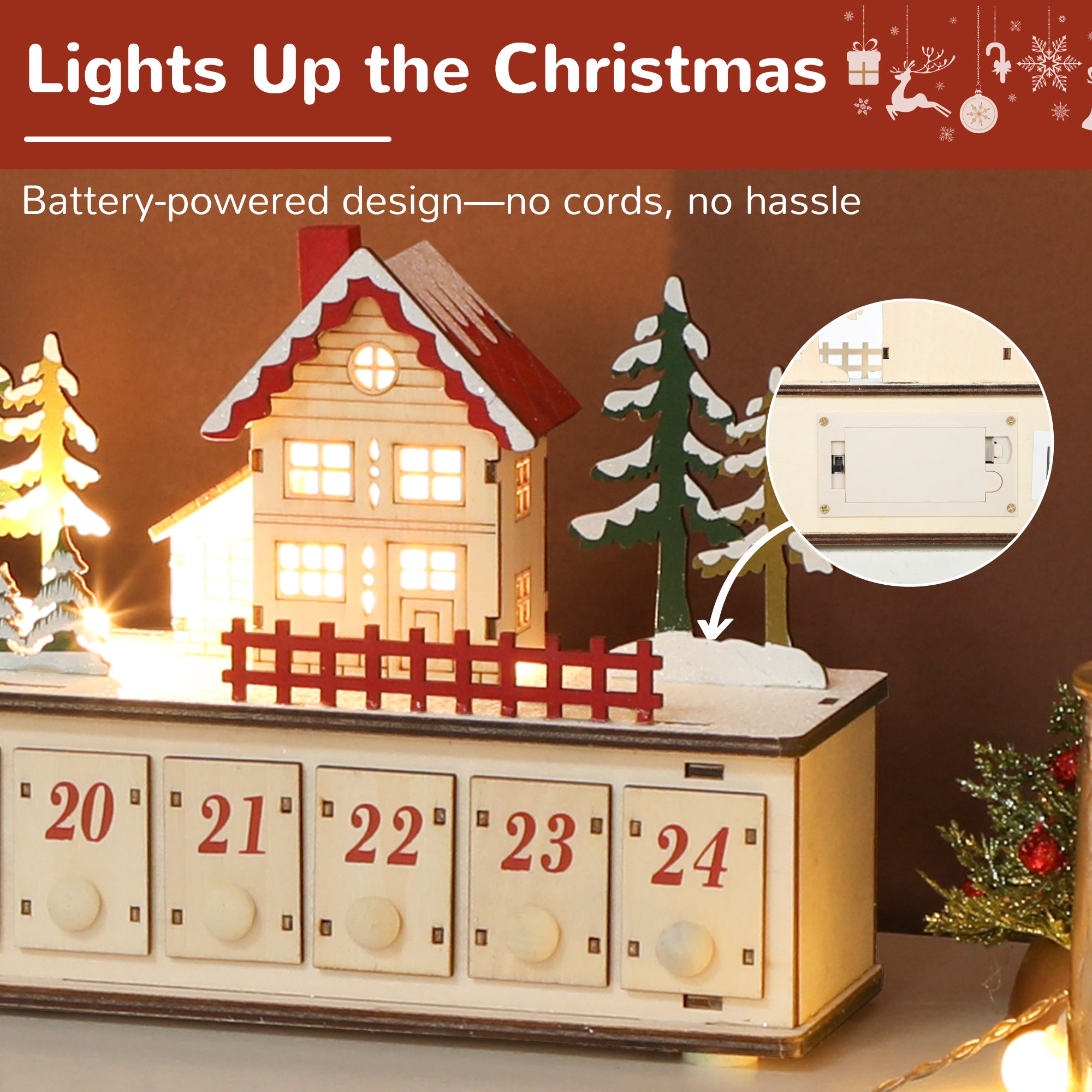 Christmas Advent Calendar with 24 Countdown Drawers and LED Lights, Wood-Effect Advent Calendar, Battery Operated