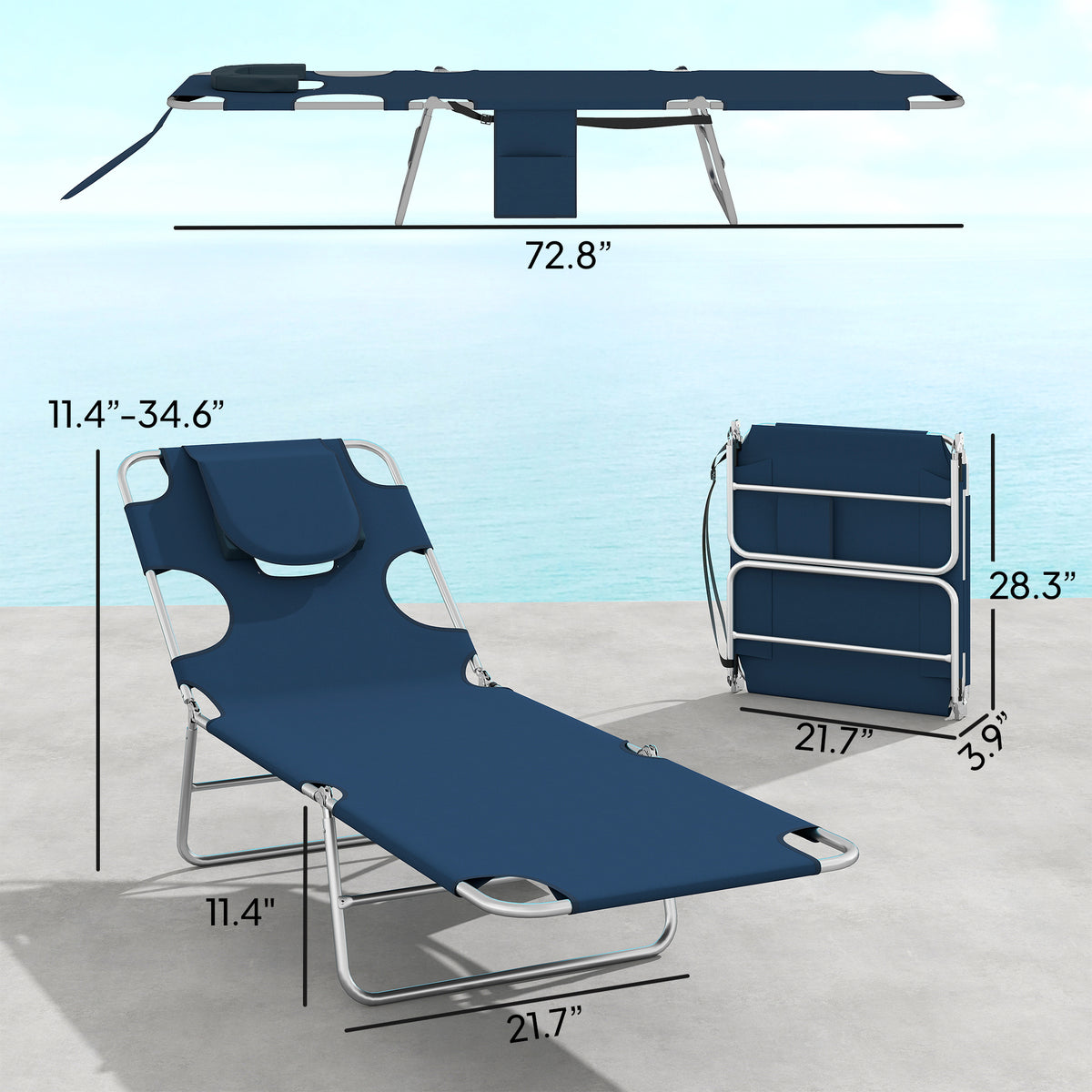 2 Tanning Chairs with Face Hole, 5-Level Adjustable Outdoor Chaise Lounge Chair with Pillow for Beach, Pool, Dark Blue