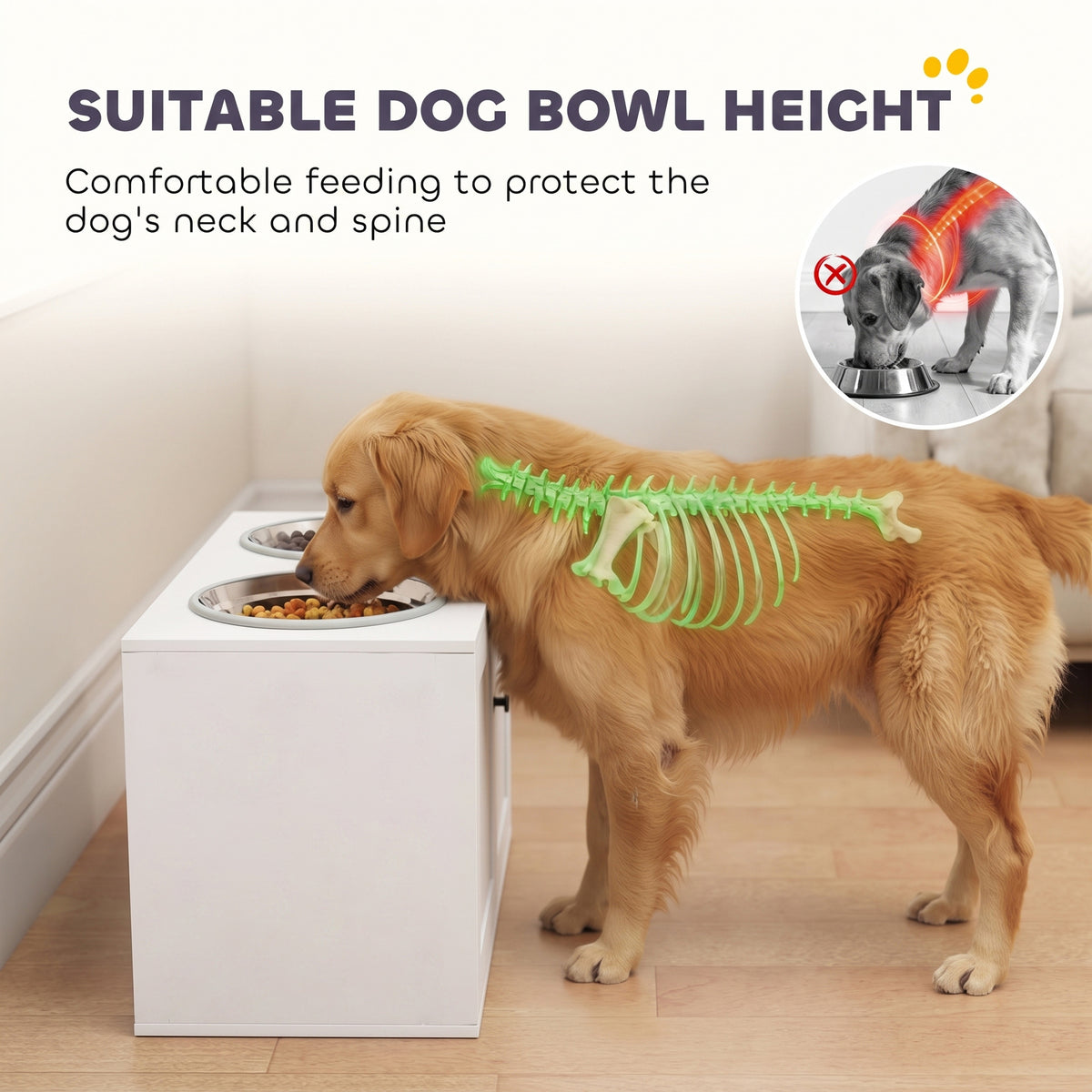 Elevated Dog Bowls with Storage Cabinet, 2 Stainless Steel Bowls, Slow Feeder, Dog Feeding Station for Large Dogs, White