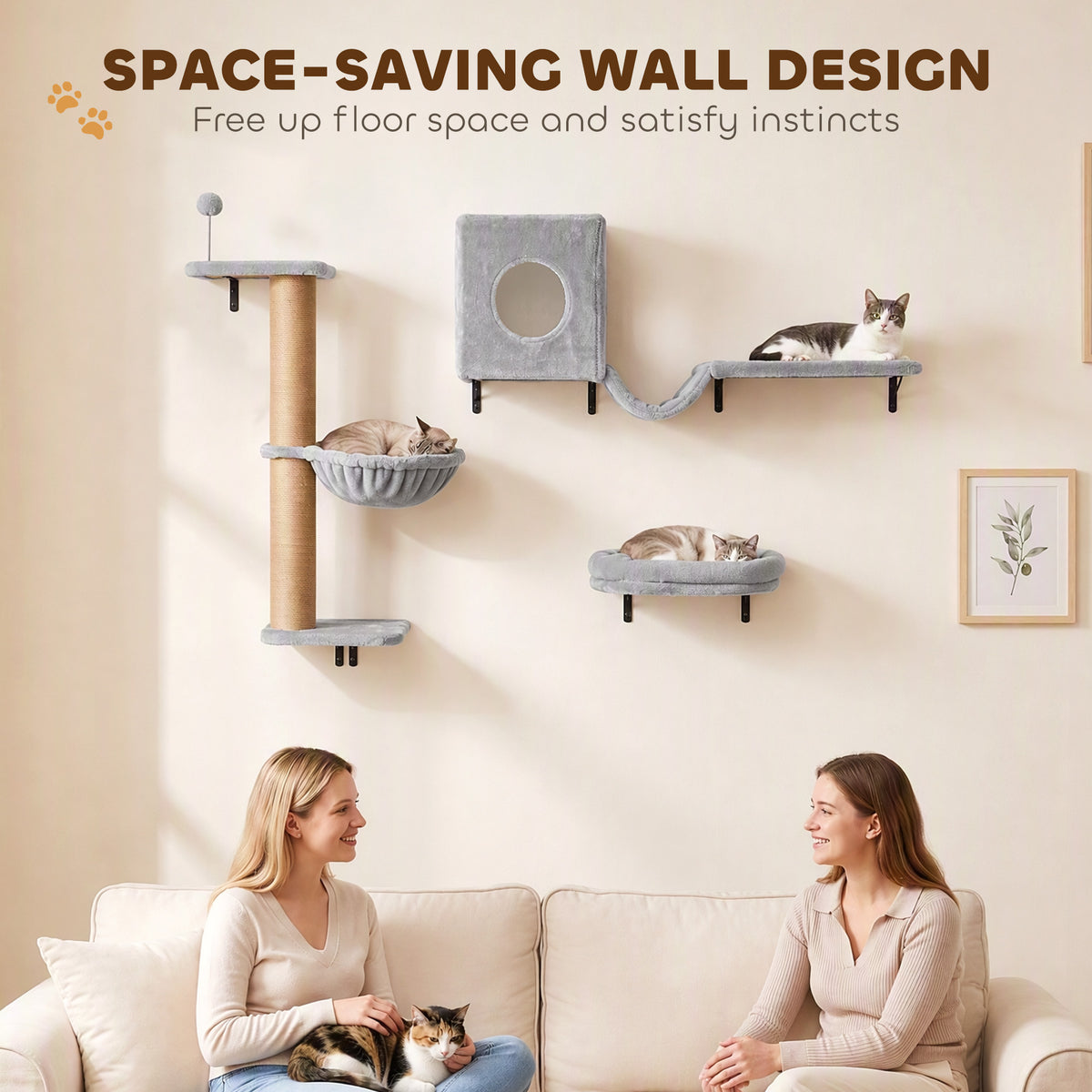 3-In-1 Cat Wall Shelves with Condo, Bed, Hammock, Scratching Post and Spring Ball, Gray